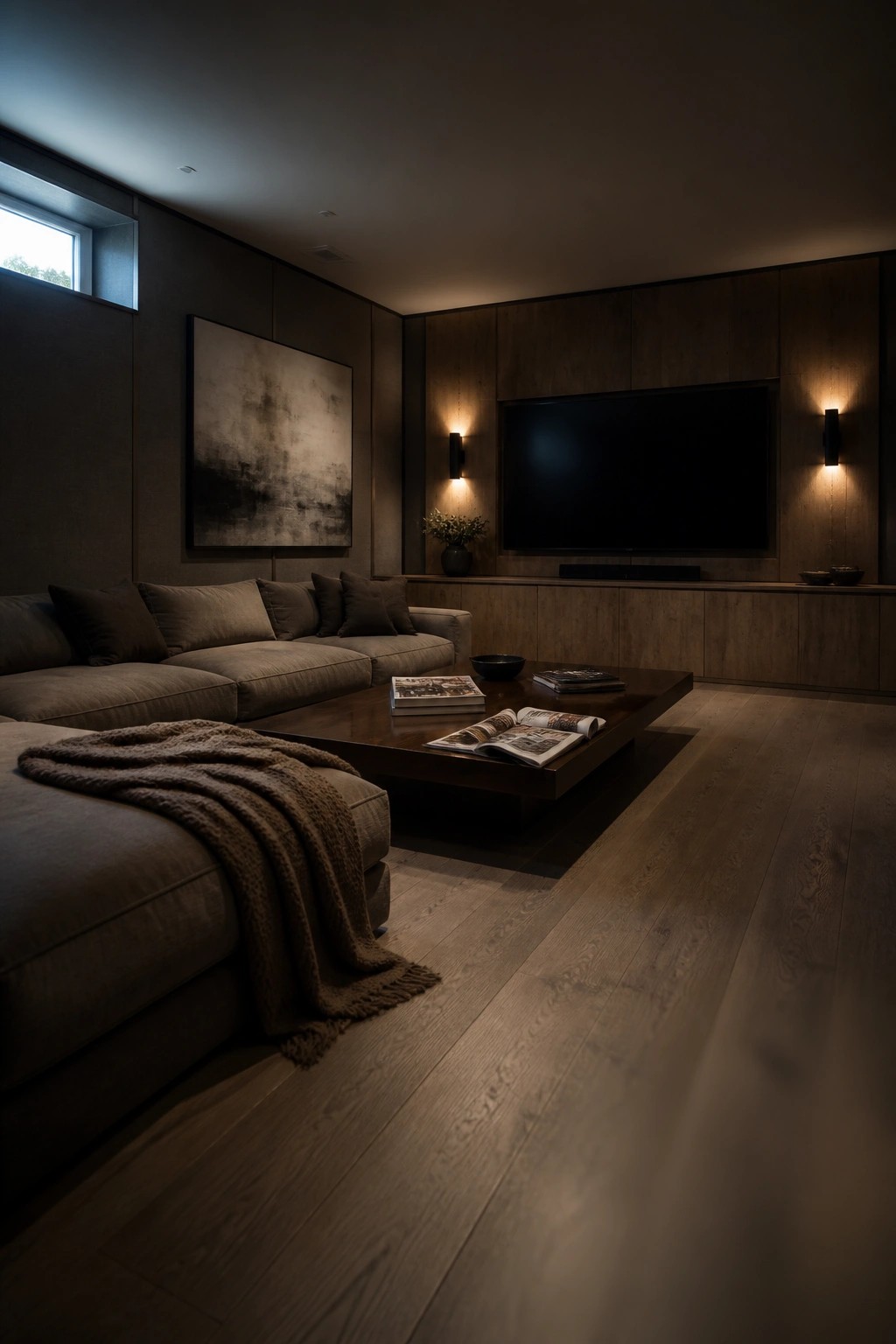 A modern living room featuring wide plank light wood flooring, a large dark sectional sofa with a throw blanket, a low wooden coffee table with open magazines, and a wall-mounted television on dark wood paneling.