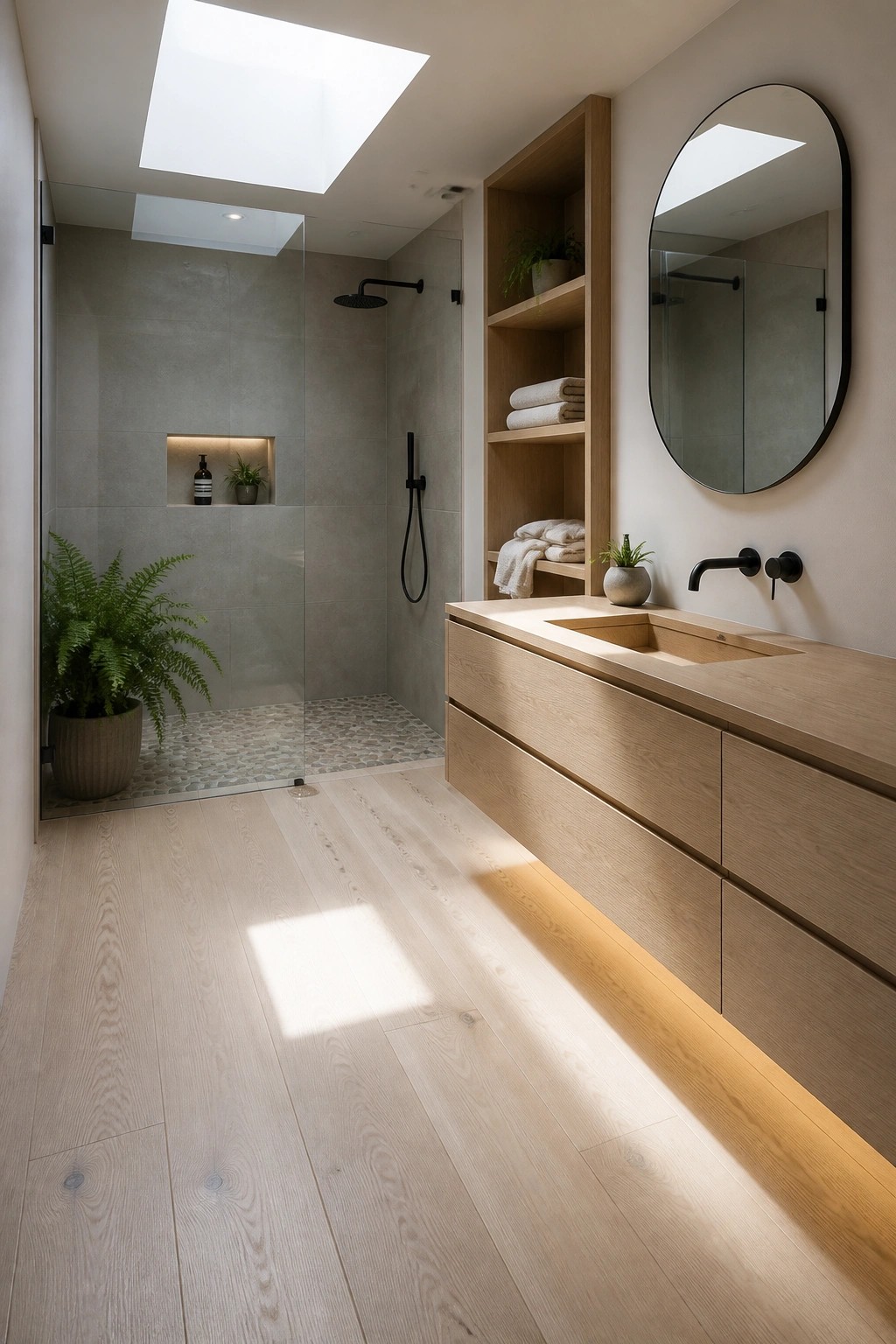 A modern bathroom interior with light wide plank wood flooring, a floating light wood vanity with integrated sink, black fixtures, a glass shower enclosure, and a round mirror on the wall.