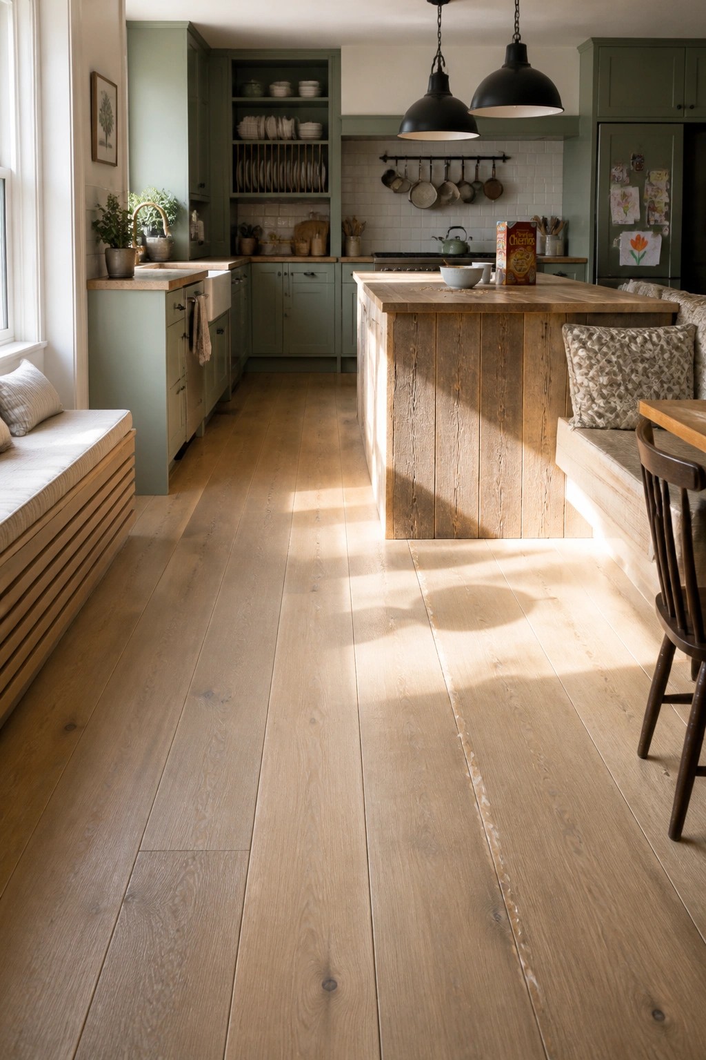 Rustic kitchen with light wood floors, green cabinets, and sunlit wooden island