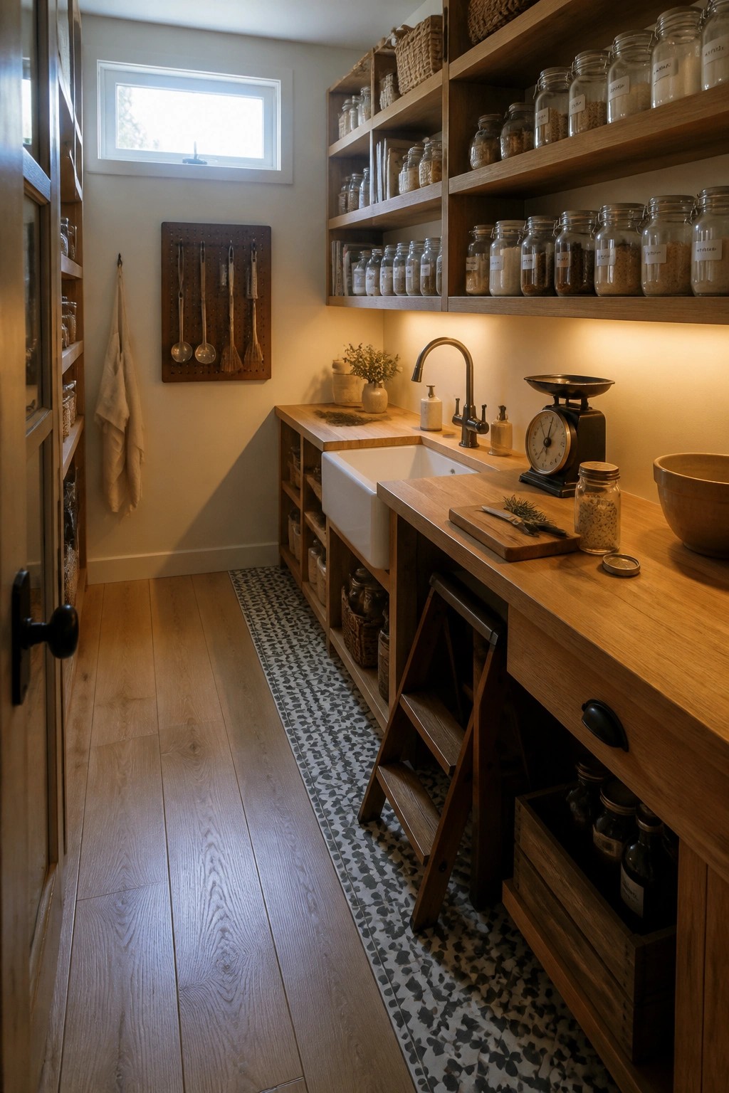 A narrow interior space with wide plank light wood flooring, wooden open shelves stocked with glass jars, a white farmhouse sink, and a wooden step stool under a counter.