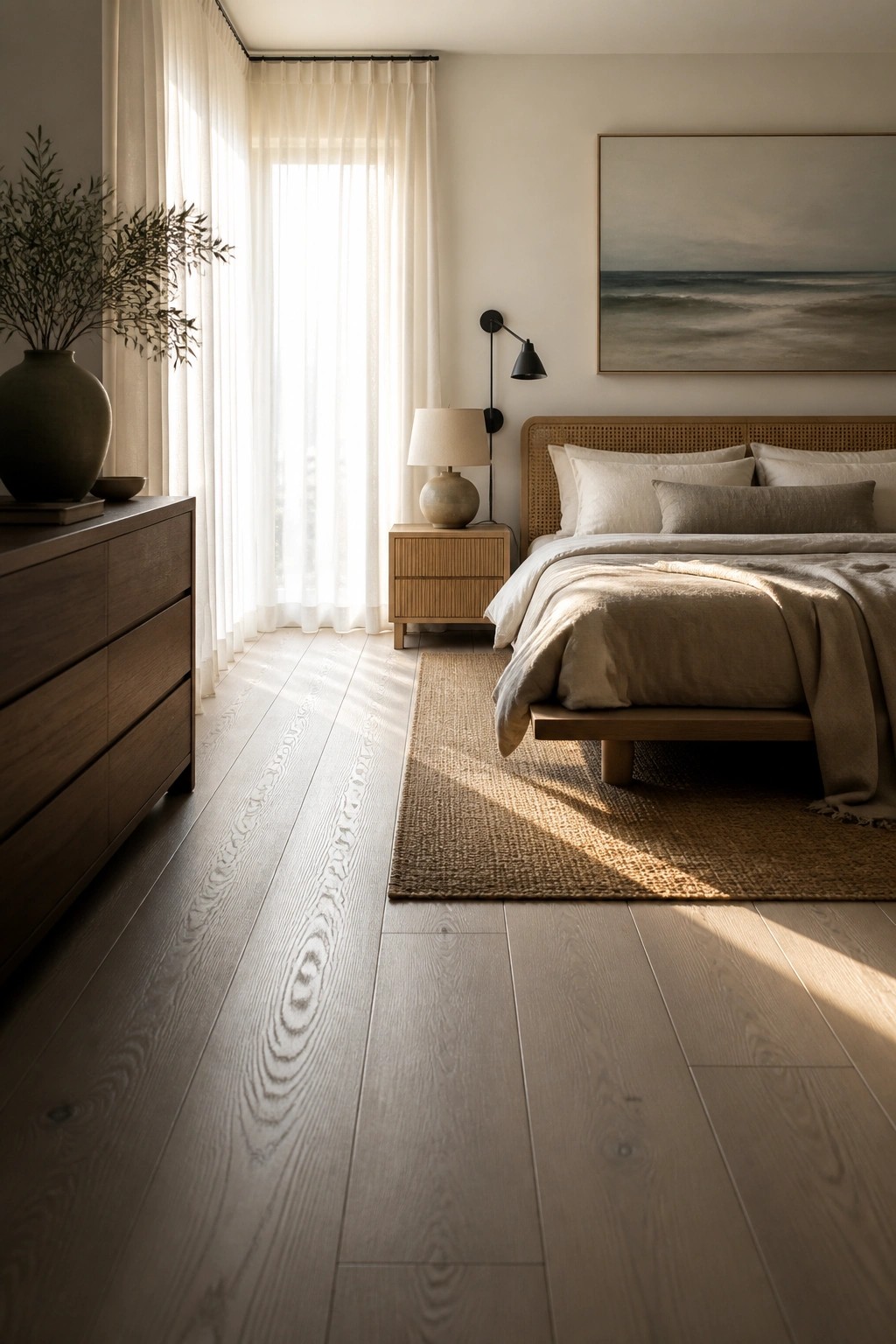 A bedroom interior showing wide plank light wood flooring, a low wooden bed with neutral linens, a wooden dresser, and sunlight coming through floor-length white curtains.