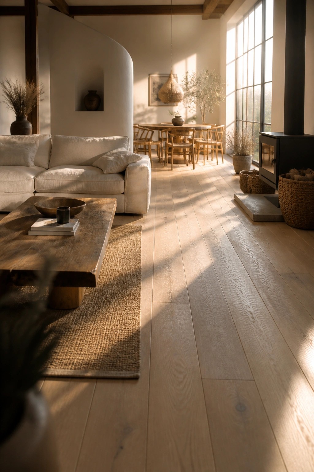 A bright interior with wide plank light oak flooring, a white sofa, wooden coffee table on a woven rug, and a dining table visible in the background near large windows.