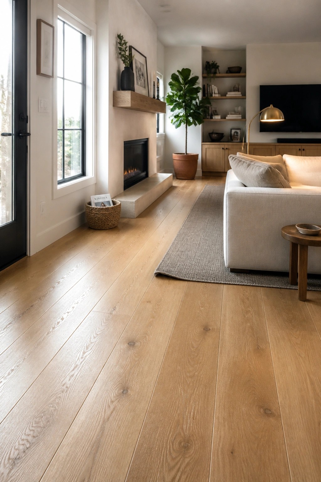 A modern living room with wide plank light oak flooring, a white sofa on a gray rug, and a fireplace with a floating wood mantel.