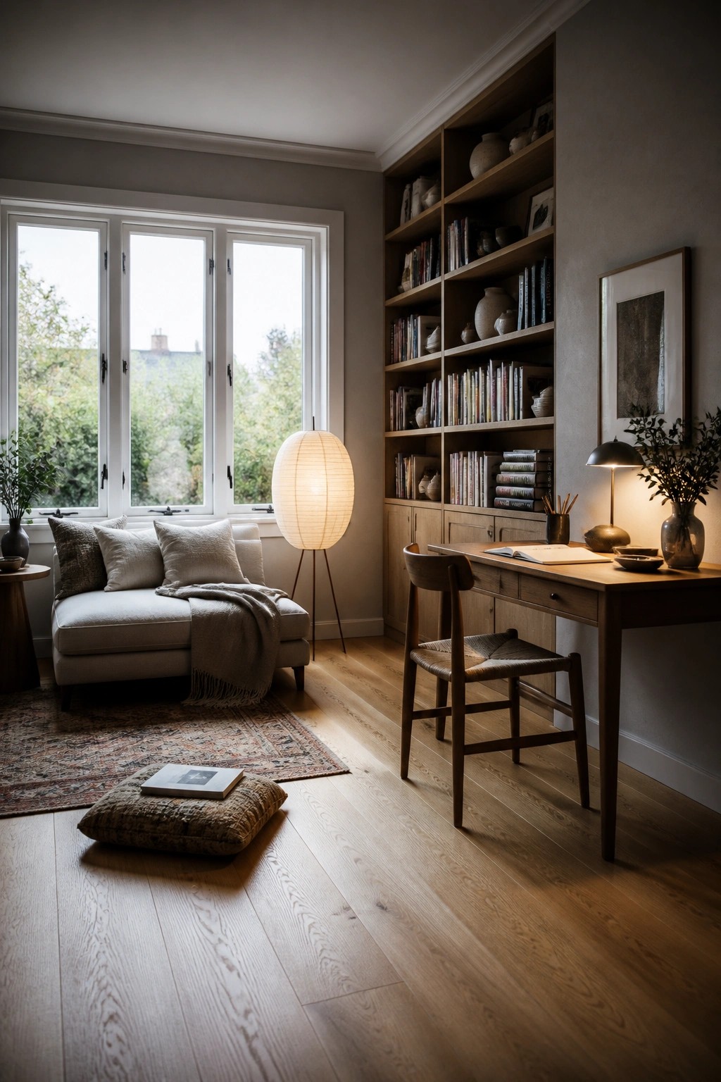 A living room with wide plank light oak flooring, built-in wooden bookshelves, a desk with a chair, a sofa under three windows, and a paper floor lamp.