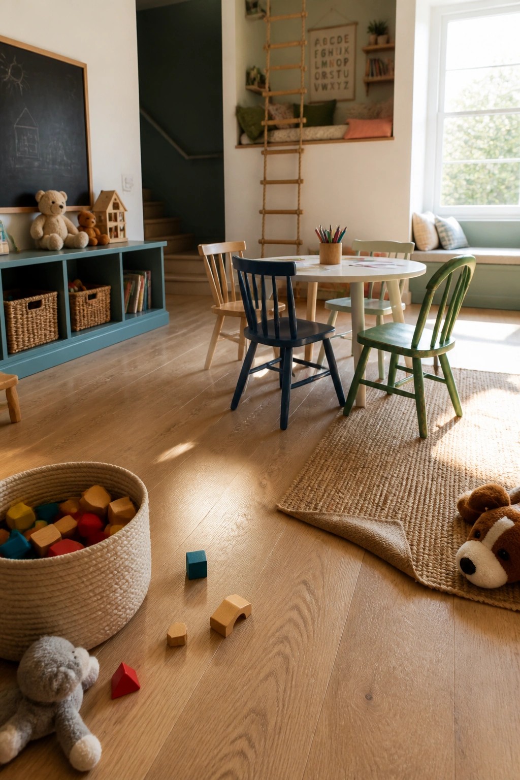 A bright children's playroom with wide light wood flooring, scattered toys, a round table with wooden chairs, a teal storage bench, and a chalkboard on the wall.