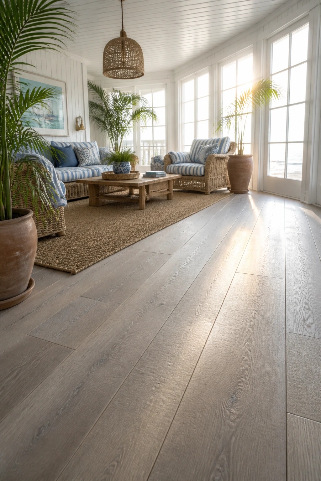 A bright living room with wide plank light gray oak flooring, wicker seating with blue and white cushions, a wooden coffee table, and large windows overlooking the water.
