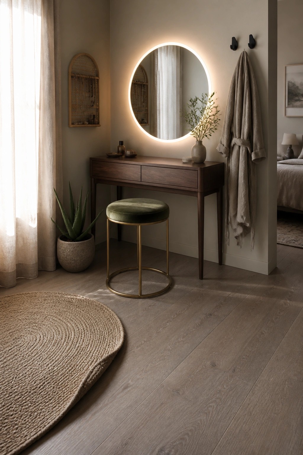 A corner vanity setup with dark wood desk, round backlit mirror, green upholstered stool, and wide plank light wood flooring on a neutral wall.