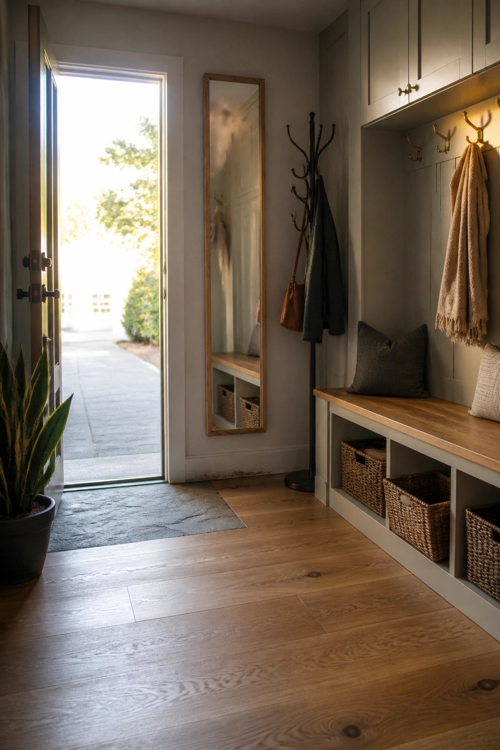 A home entryway with wide plank light oak flooring, a tall mirror, coat hooks, a built-in bench with storage baskets, and an open door to the outside.