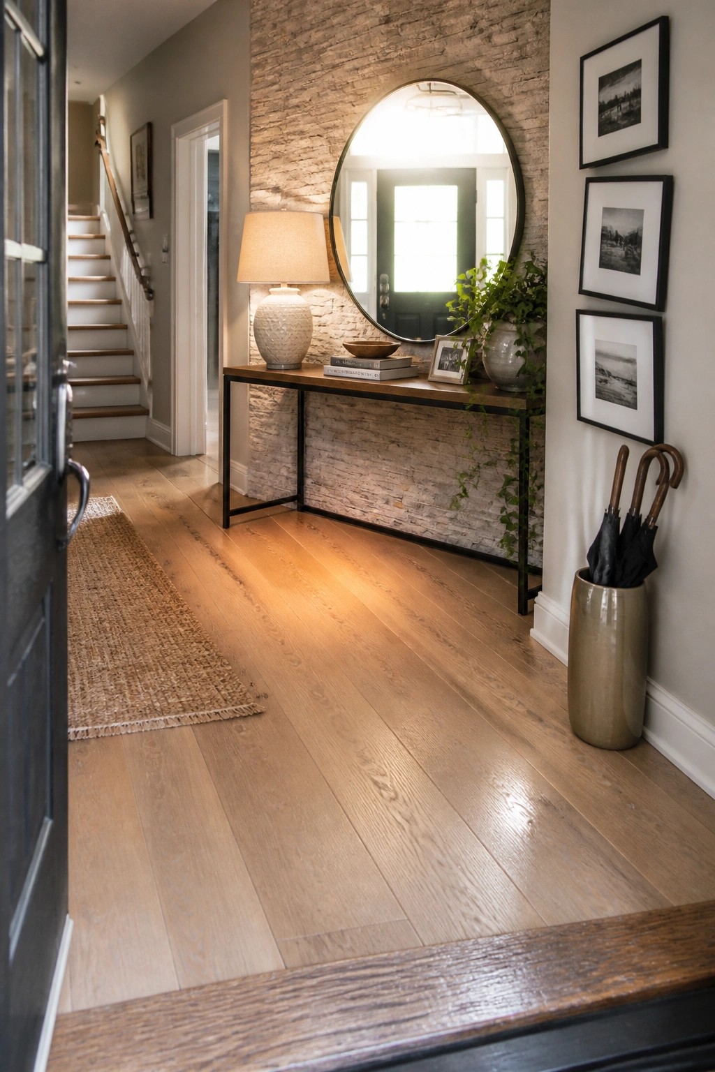 Wide plank light wood flooring in a home entry hallway with a wood console table against a stone wall and a round mirror above it.
