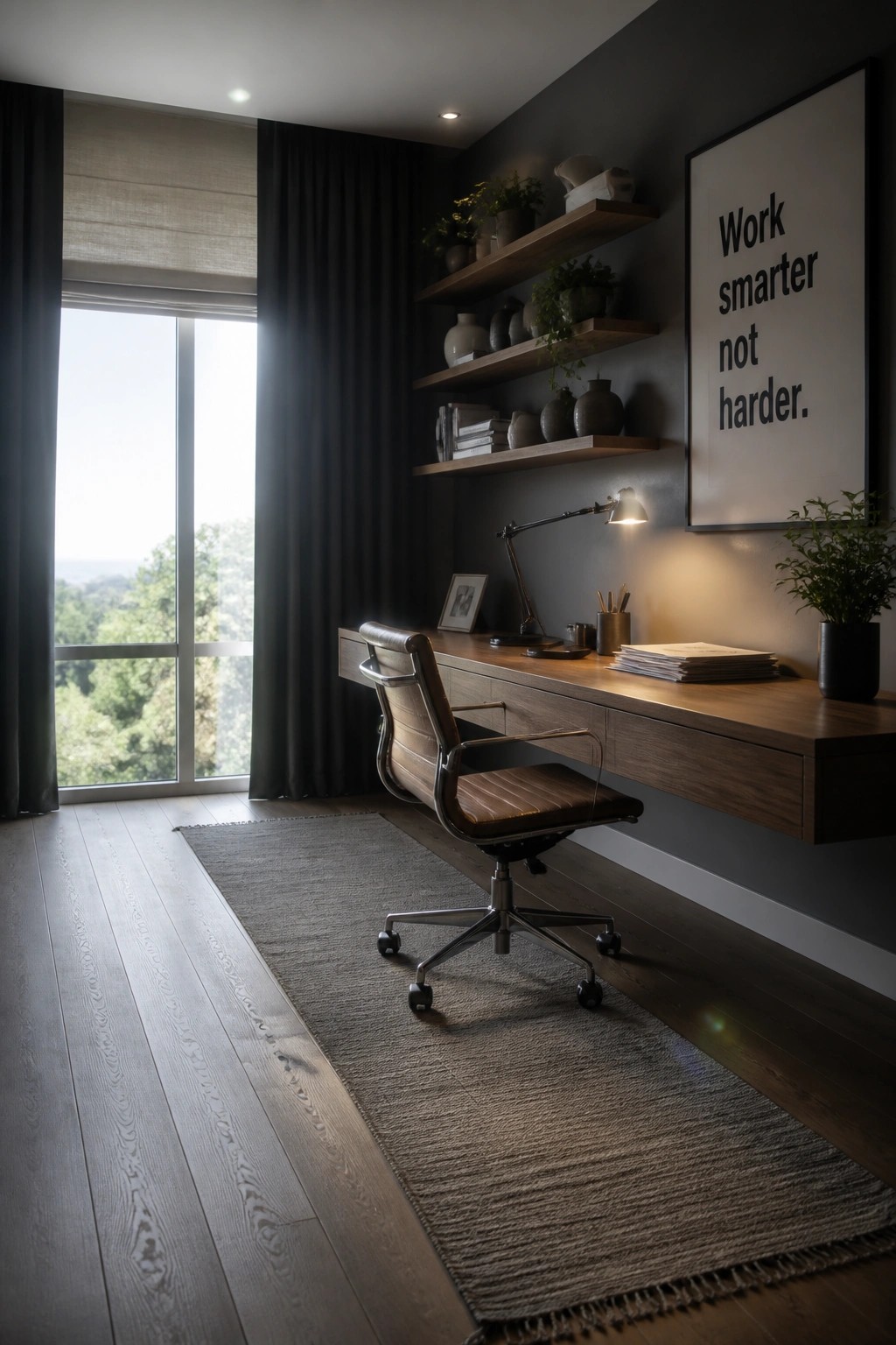 A modern home office with wide plank light wood flooring, a floating wood desk, brown leather office chair, dark gray walls, and a large window with dark curtains.