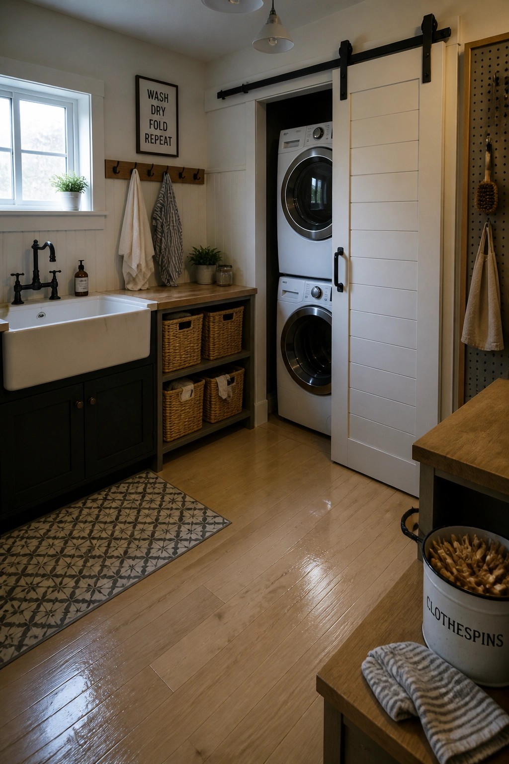 Modern laundry room with stacked washer-dryer, white sink, and sliding barn door