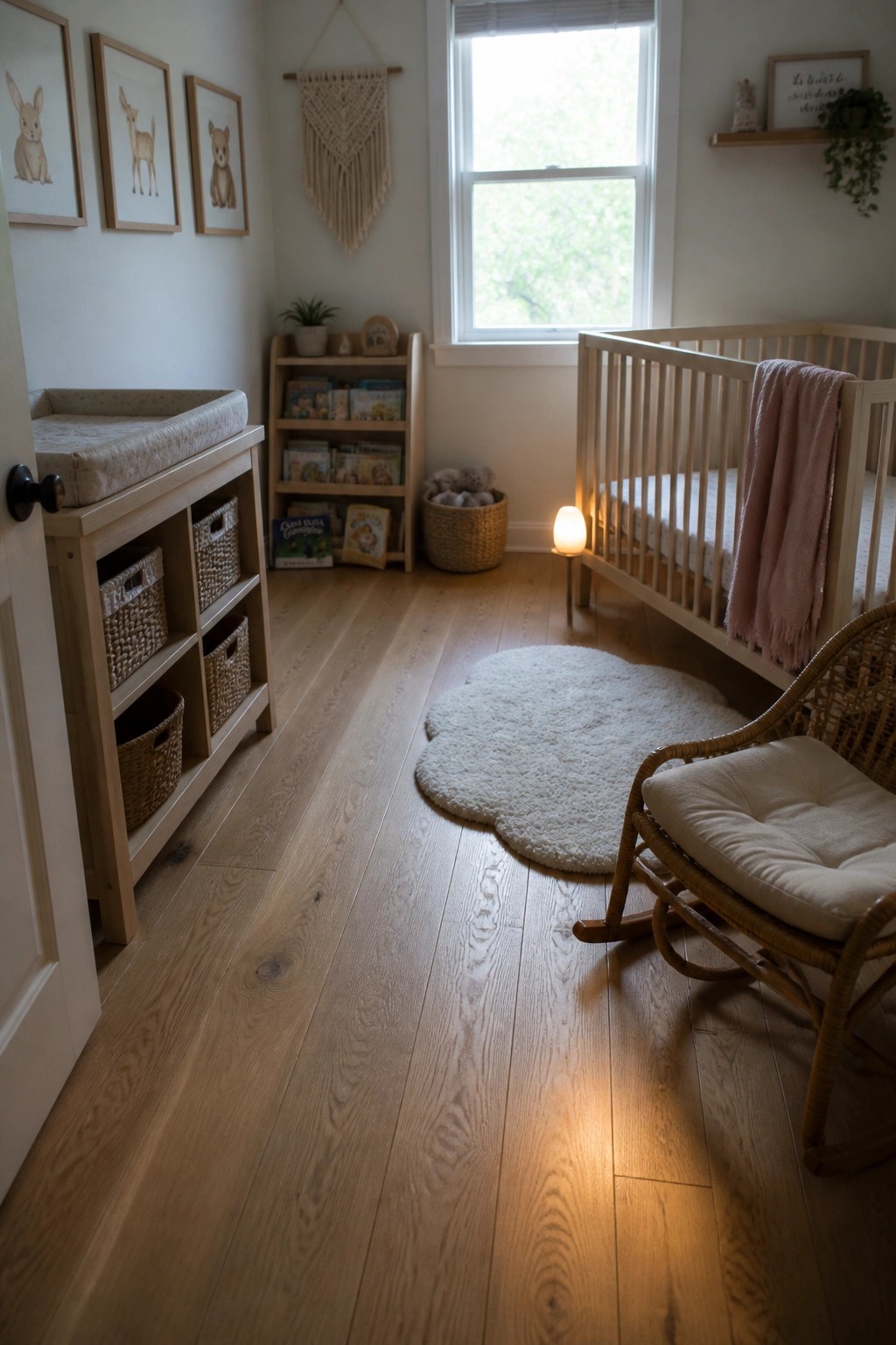 Cozy nursery with wooden crib, wicker rocking chair, changing table, and fluffy rug.