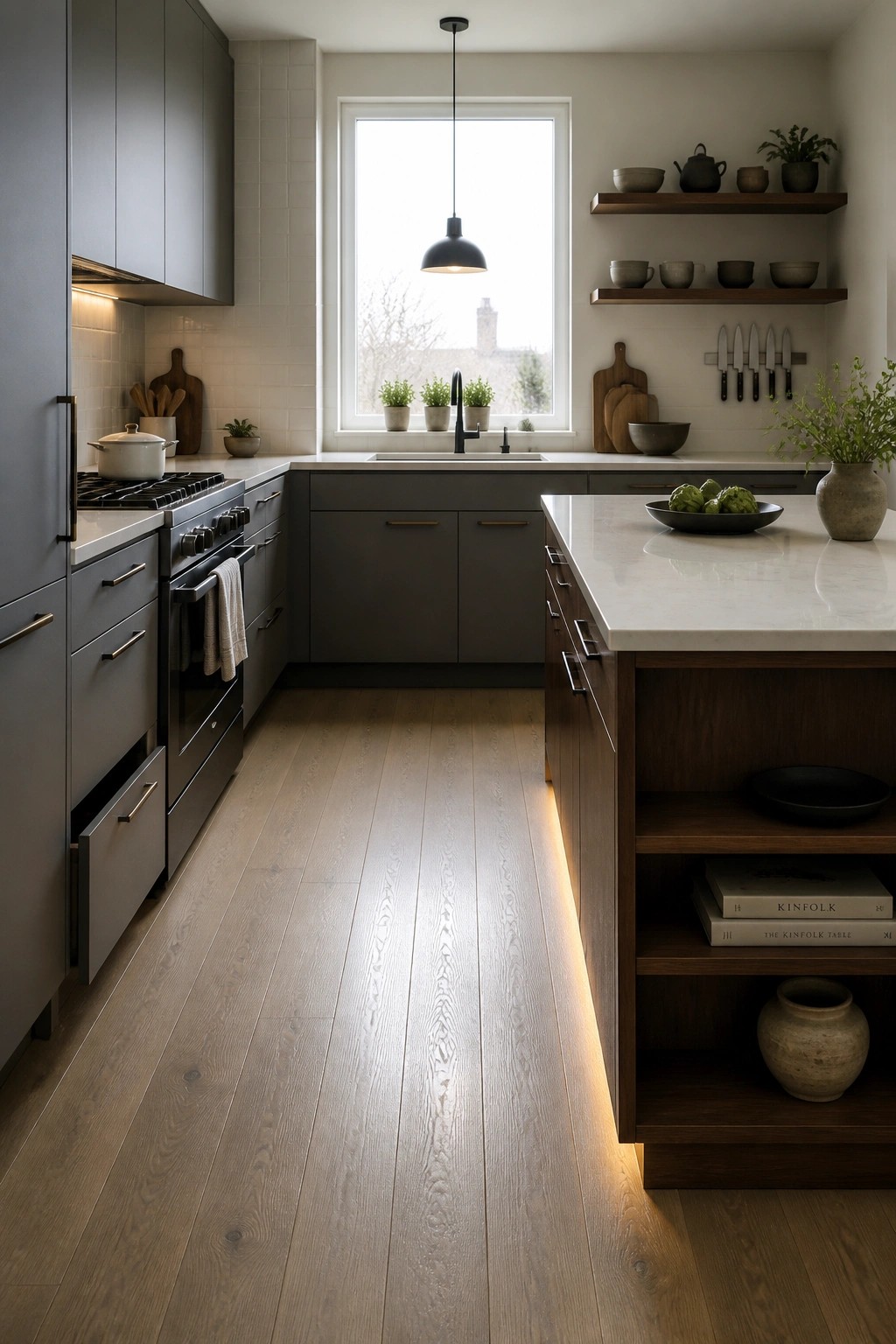 A modern kitchen interior featuring wide plank light wood flooring, dark gray cabinets, white countertops, and a large window above the sink.