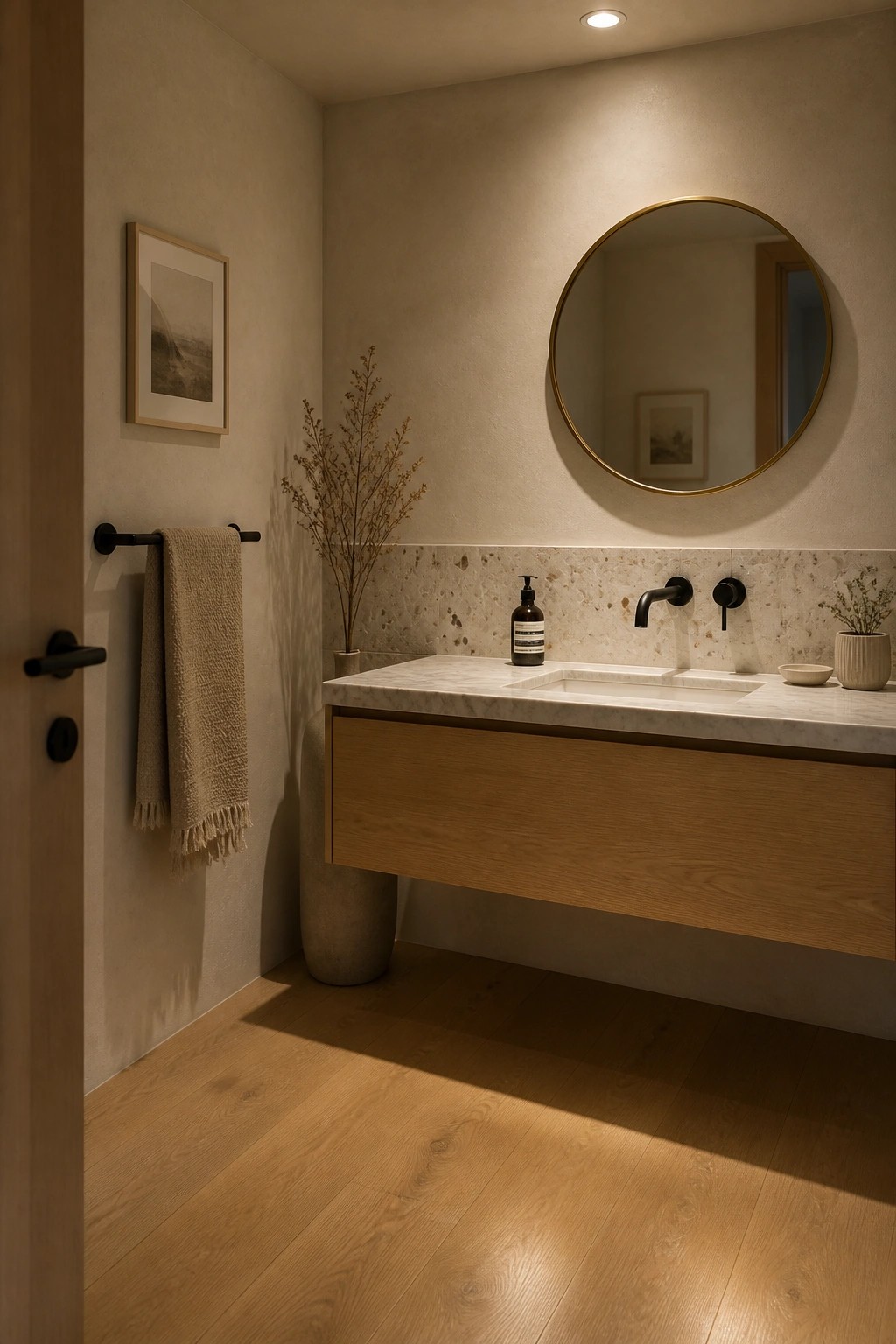 Modern bathroom with wide plank light oak flooring, floating wood vanity, round mirror, and terrazzo backsplash.