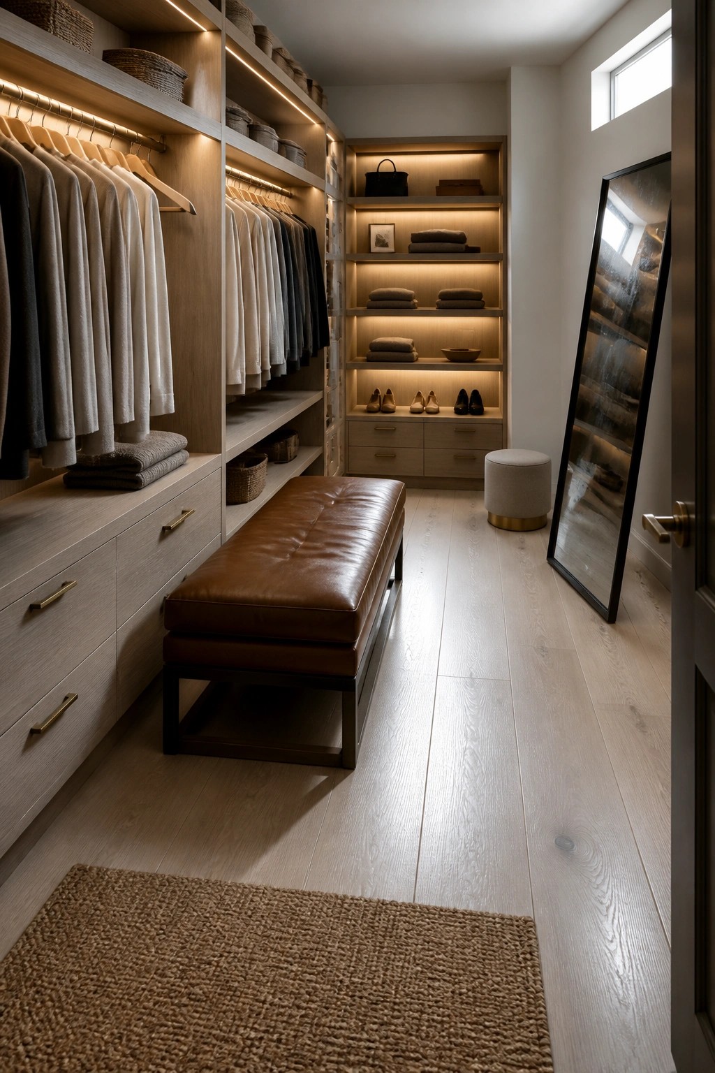 Elegant walk-in closet with lit shelves, leather bench, woven rug, and mirror