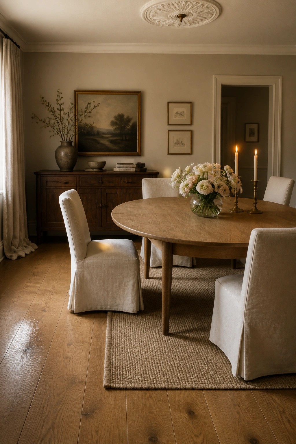 A dining room featuring wide plank light wood flooring, a round oak table with a flower arrangement, white slipcovered chairs, and a dark wood sideboard against the wall.