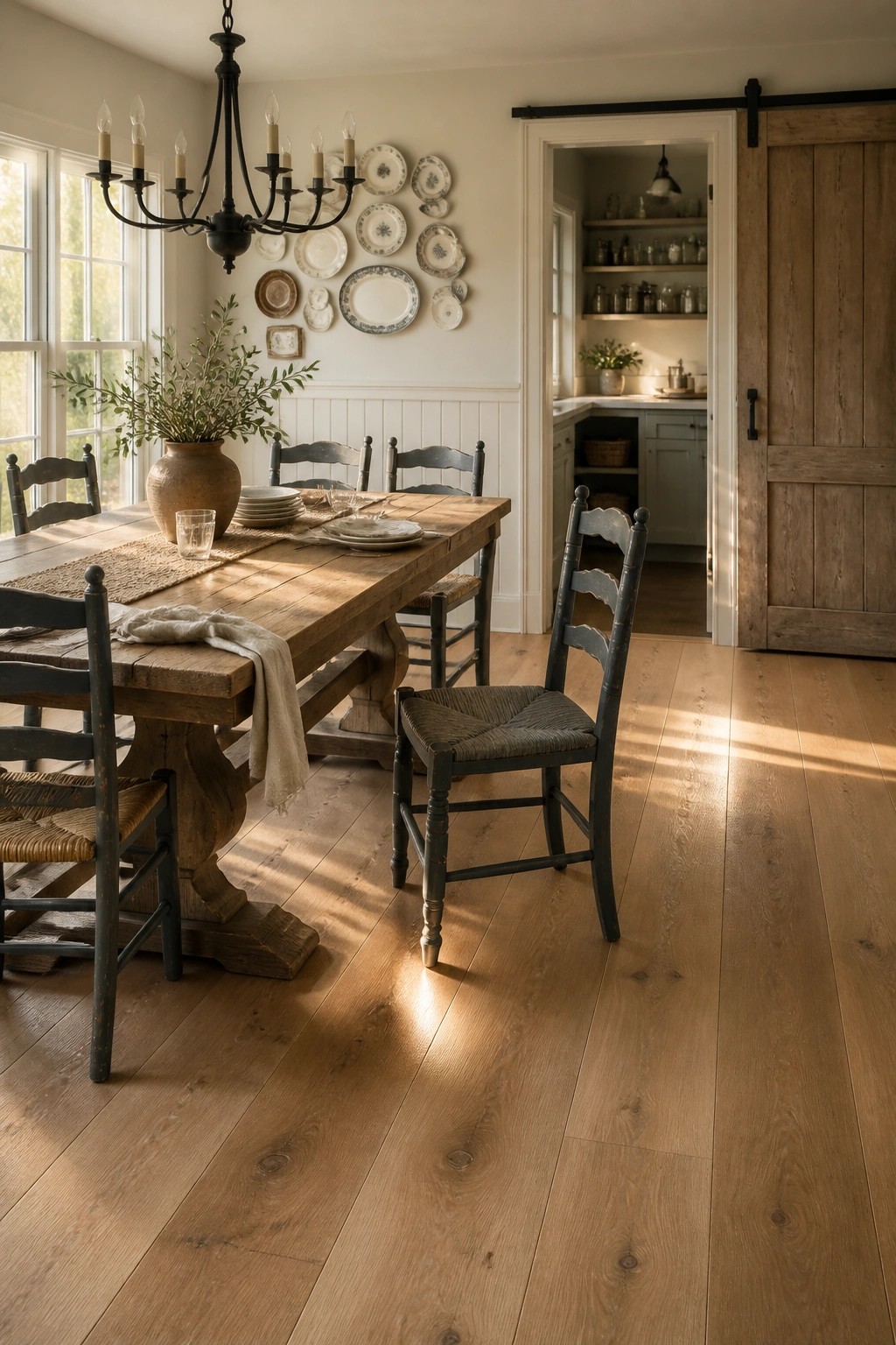 A dining room interior featuring wide light oak plank flooring, a rustic wooden table with black chairs, and an open view into a kitchen through a sliding barn door.