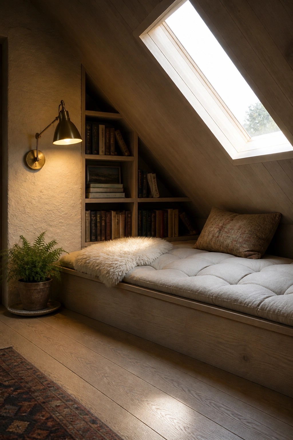 An attic room with wide plank light wood flooring, a built-in daybed with white cushion and fur throw, built-in bookshelves filled with books, a wall sconce, a potted fern, and a skylight.