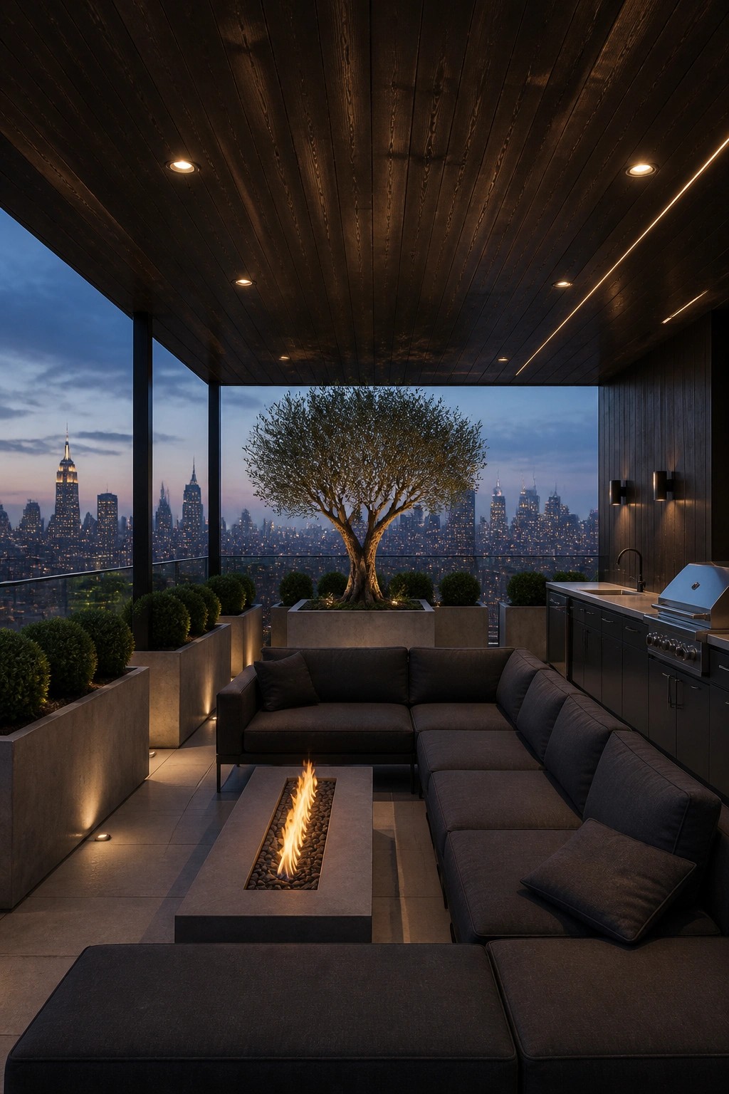 An outdoor covered patio at dusk with a dark wood plank ceiling, dark sectional sofa around a rectangular fire pit, concrete planters with trees, and a city skyline in the background.