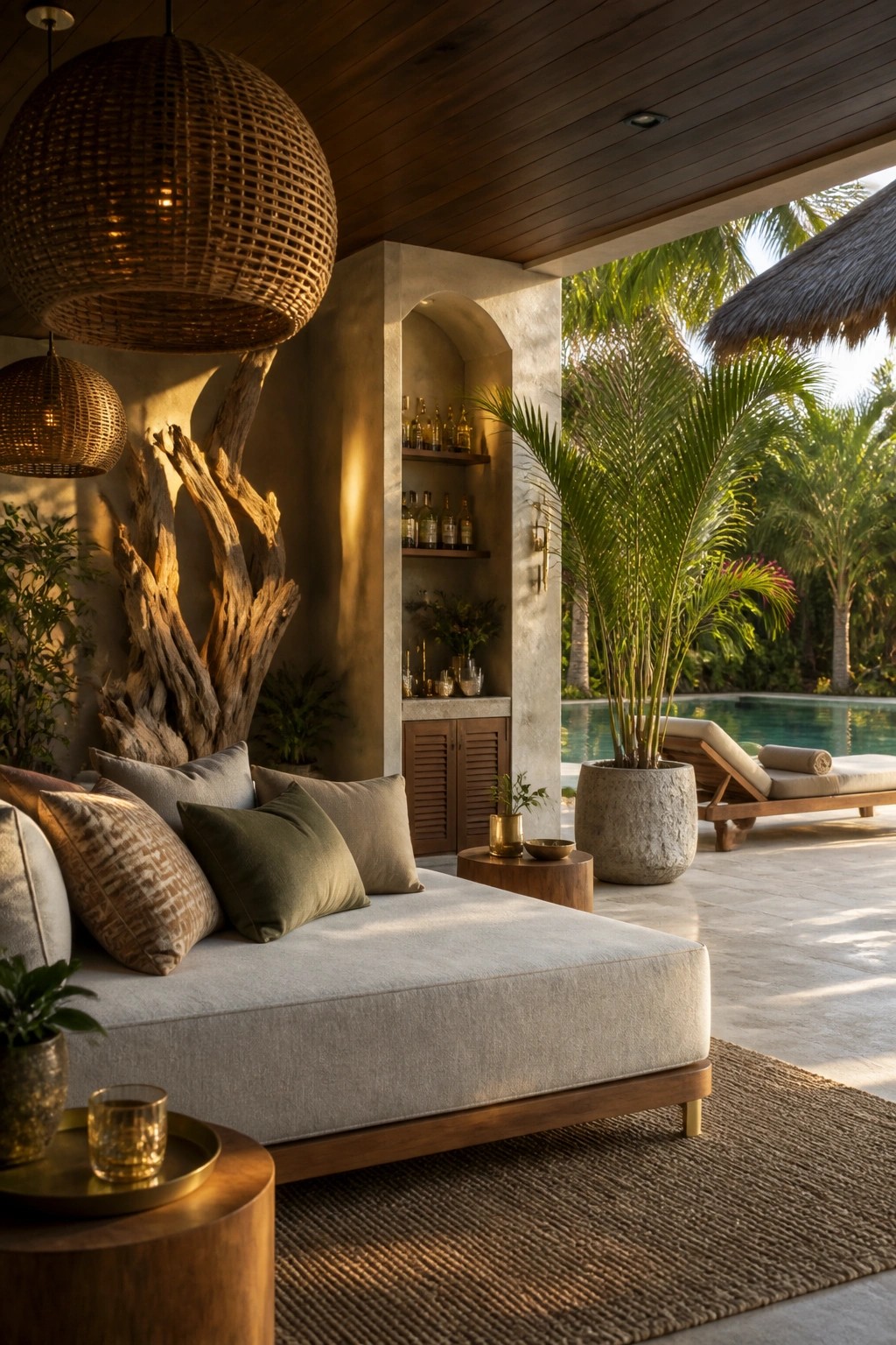 Covered outdoor patio with a dark wood plank ceiling, a large upholstered daybed with pillows, woven pendant lights, and a view toward a pool with lounge chairs and palm trees.