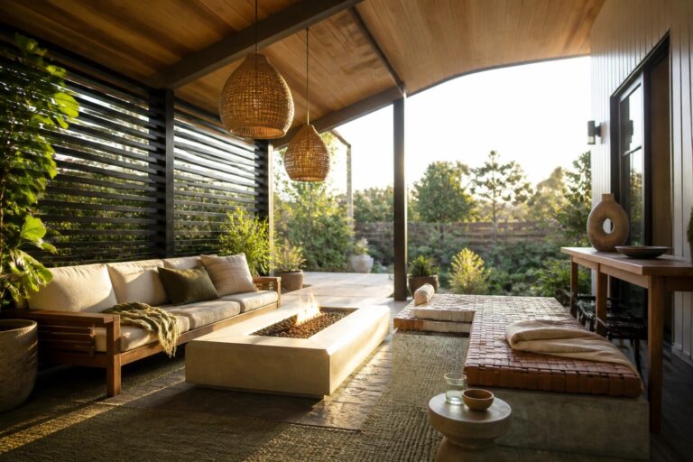 21 Inspiring Outdoor Wood Ceiling Ideas for Covered Patios and Relaxed Gathering Spaces A covered patio with a wooden ceiling, concrete fire pit, outdoor sofa, woven pendant lights, and a wooden dining table on a stone floor.