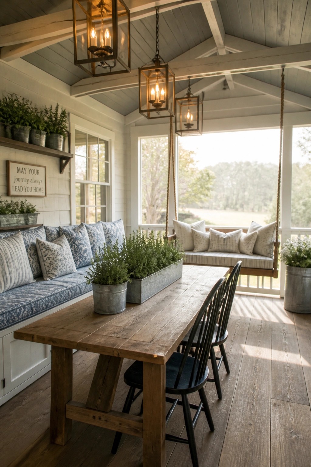 A covered porch with a light wood plank ceiling, exposed white beams, a wooden dining table with black chairs, hanging lanterns, a hanging porch swing, and potted plants along the walls.