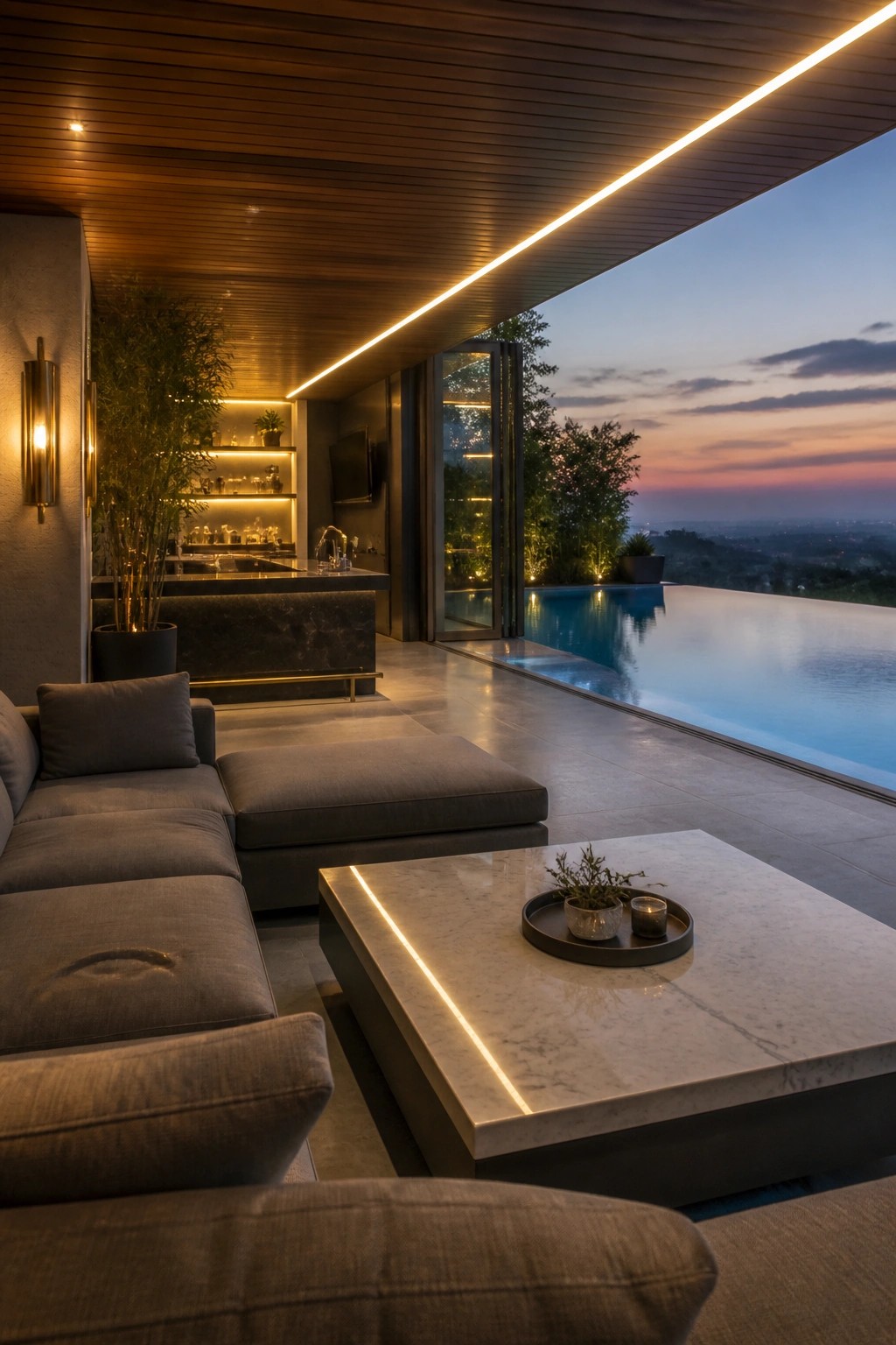 A modern covered outdoor patio with a dark wood slat ceiling, integrated linear lighting, gray sectional sofa, marble coffee table, and an infinity pool overlooking a dusk landscape.