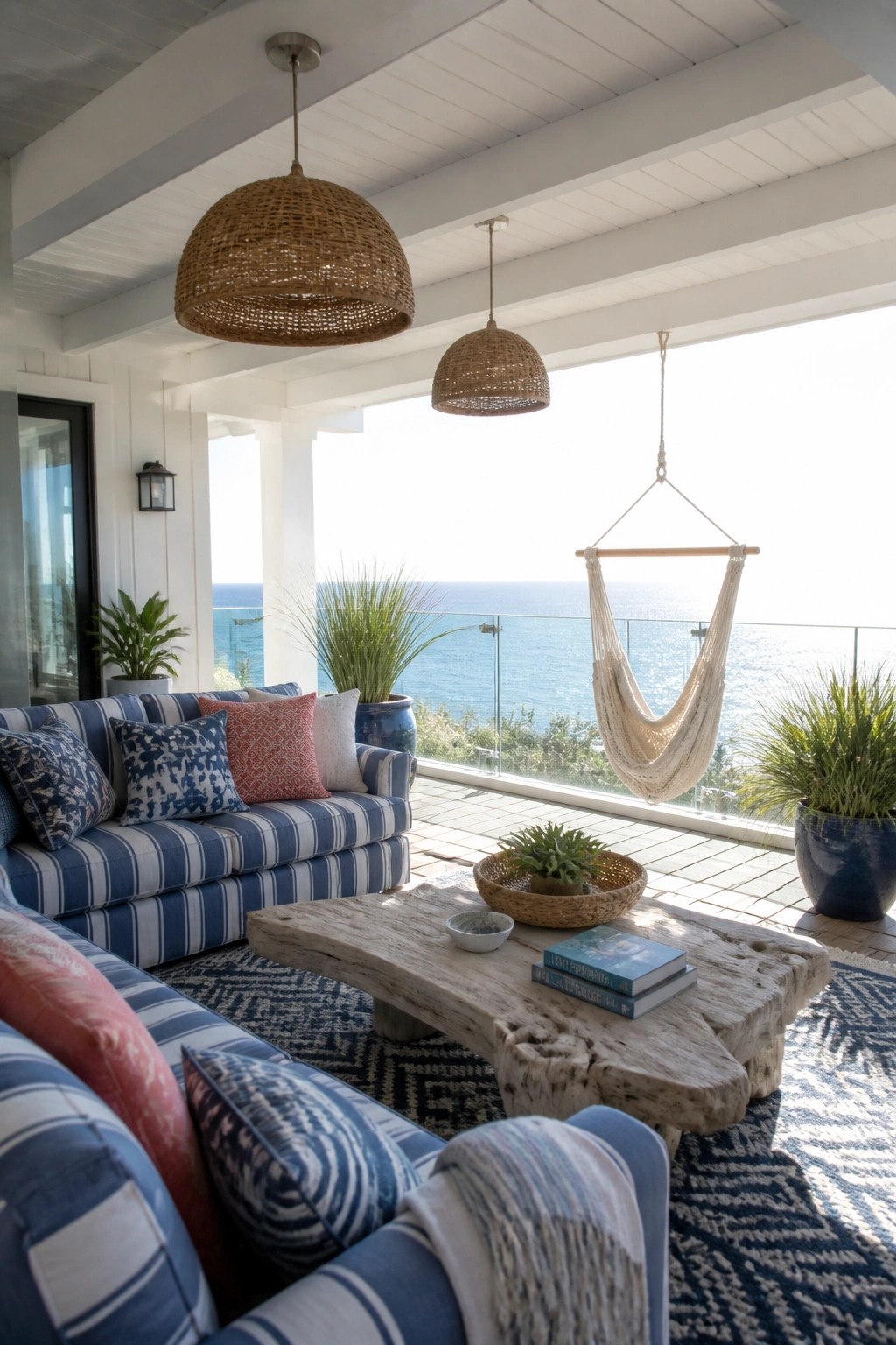 Covered patio with white wood ceiling, blue striped seating, wooden coffee table, hanging woven lights, and ocean view.
