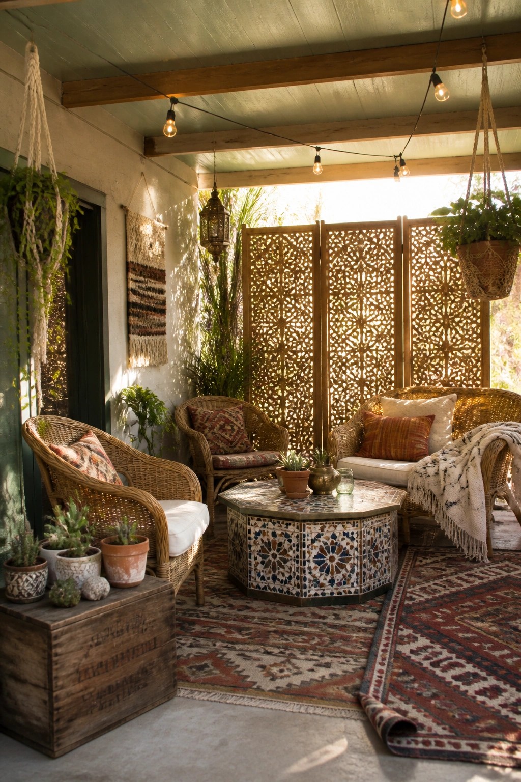 A covered patio features a green painted wood ceiling with exposed beams, string lights, wicker seating, patterned rugs, and potted plants.