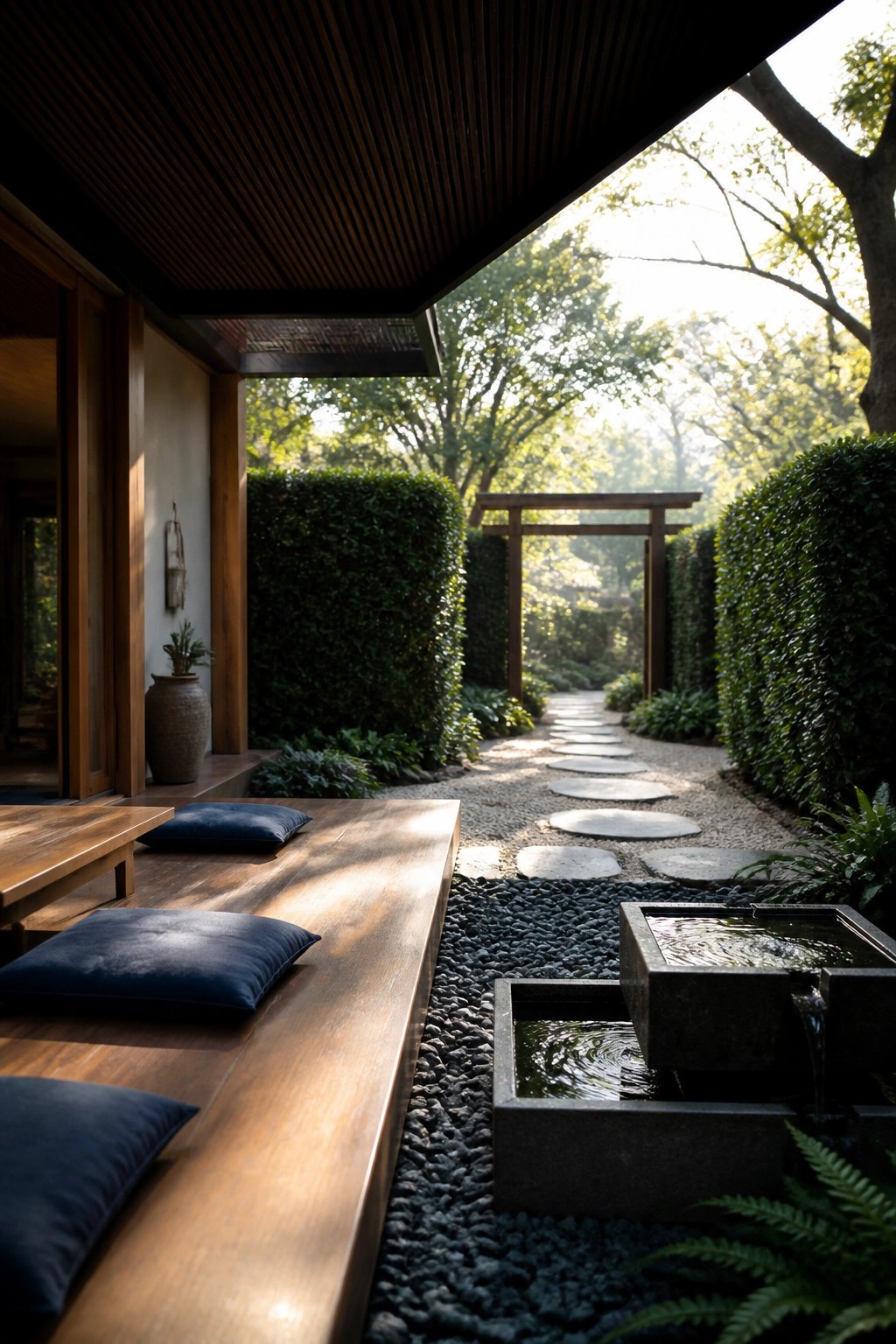 Covered patio with dark slatted wood ceiling, wooden bench seating with blue cushions, and stone water features beside a gravel path with stepping stones.