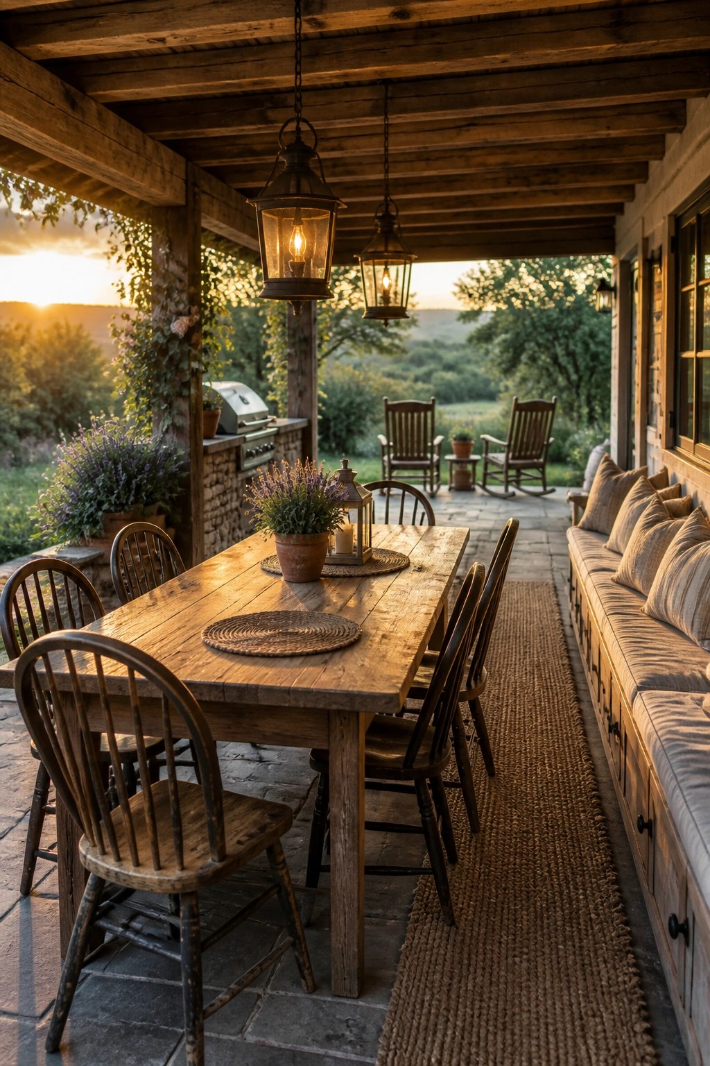 A covered patio features a wooden plank ceiling with exposed beams, a long wooden dining table, chairs, hanging lanterns, and a cushioned bench along one side.