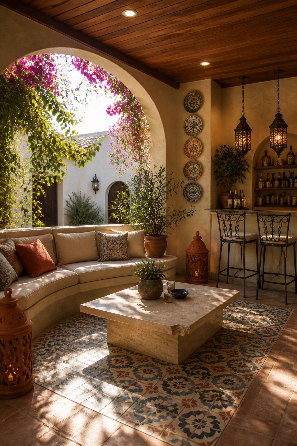 Covered patio with wooden ceiling planks, curved sofa seating, stone coffee table, tiled floor, and bar area with hanging lanterns.