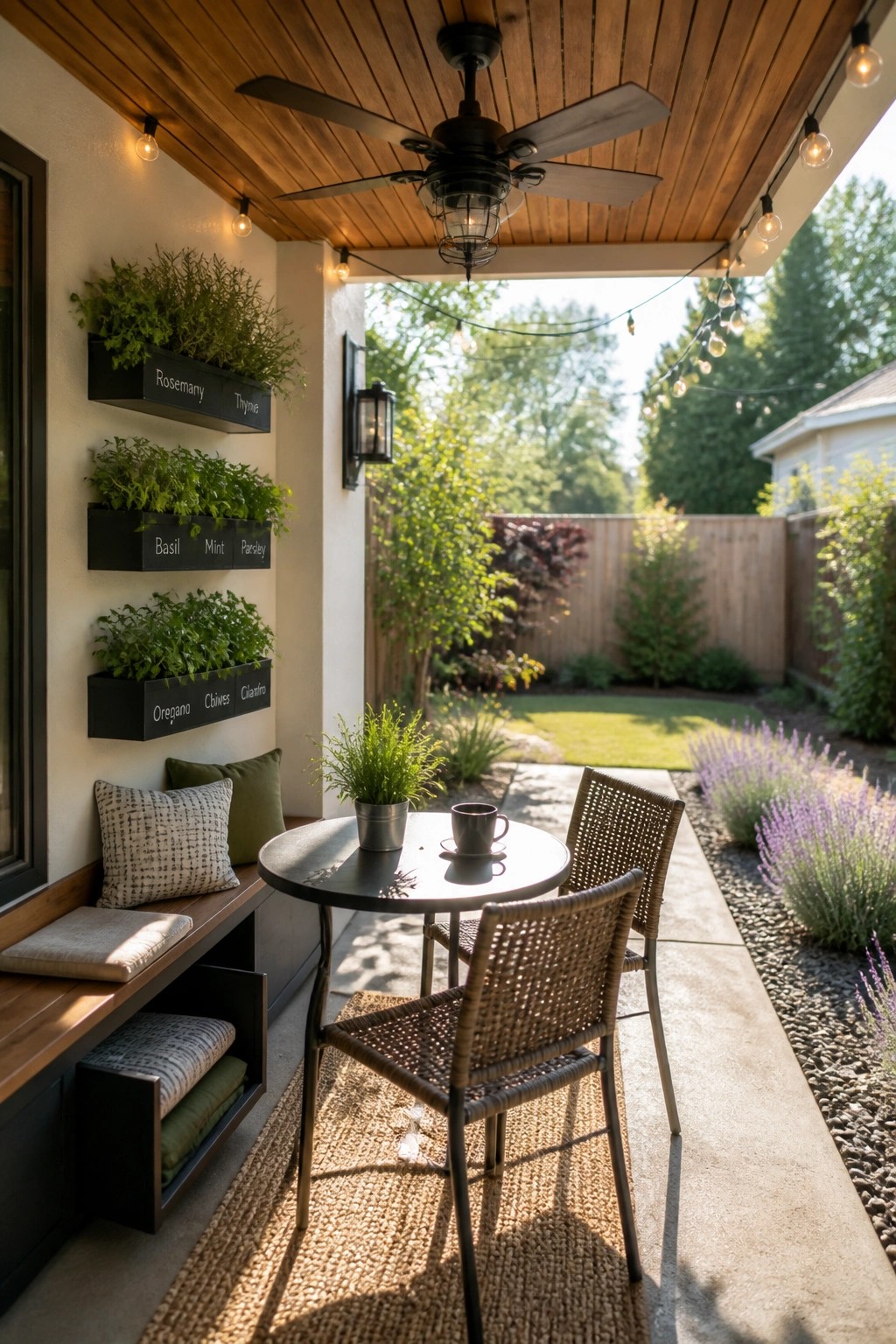 Covered patio with wood ceiling, ceiling fan, string lights, round table with two woven chairs, and three black wall planters holding herbs.