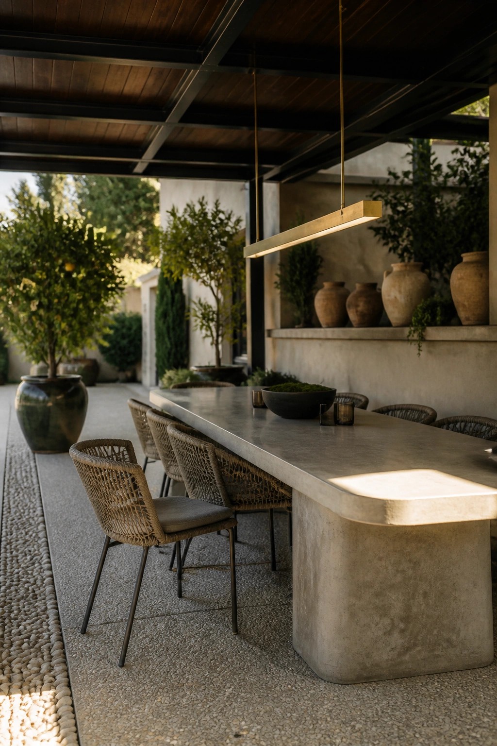 A covered patio with a dark wood plank ceiling, long concrete table, woven chairs, hanging light fixture, and large potted plants along the edges.