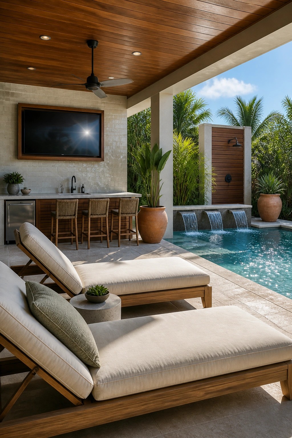 A covered outdoor patio with a wood plank ceiling, lounge chairs, bar stools, a wall-mounted TV, and an adjacent swimming pool with water spouts.