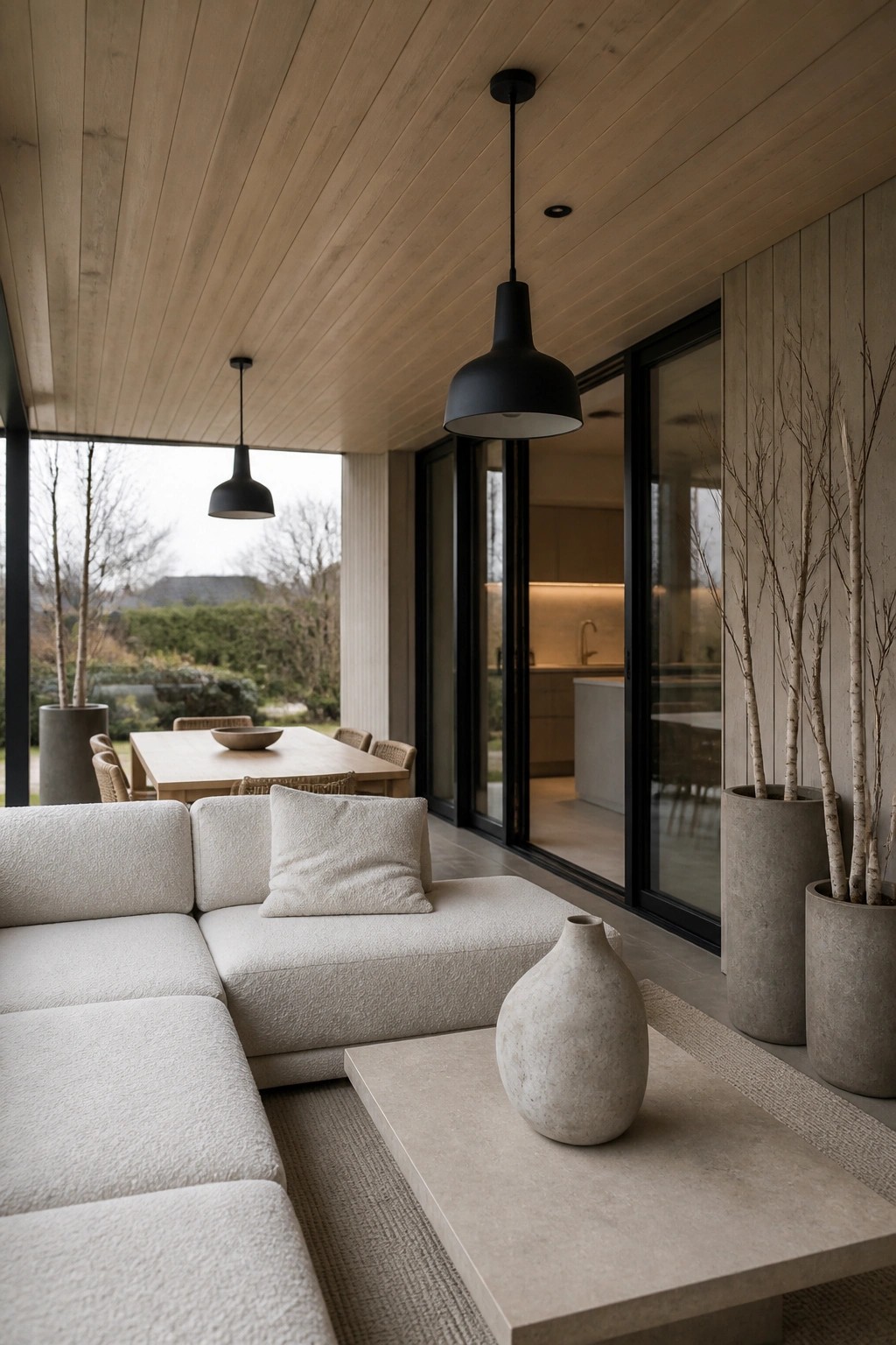 A covered patio with light wood plank ceiling, white sectional sofa, concrete coffee table, black pendant lights, and large glass doors opening to an outdoor dining area and garden.
