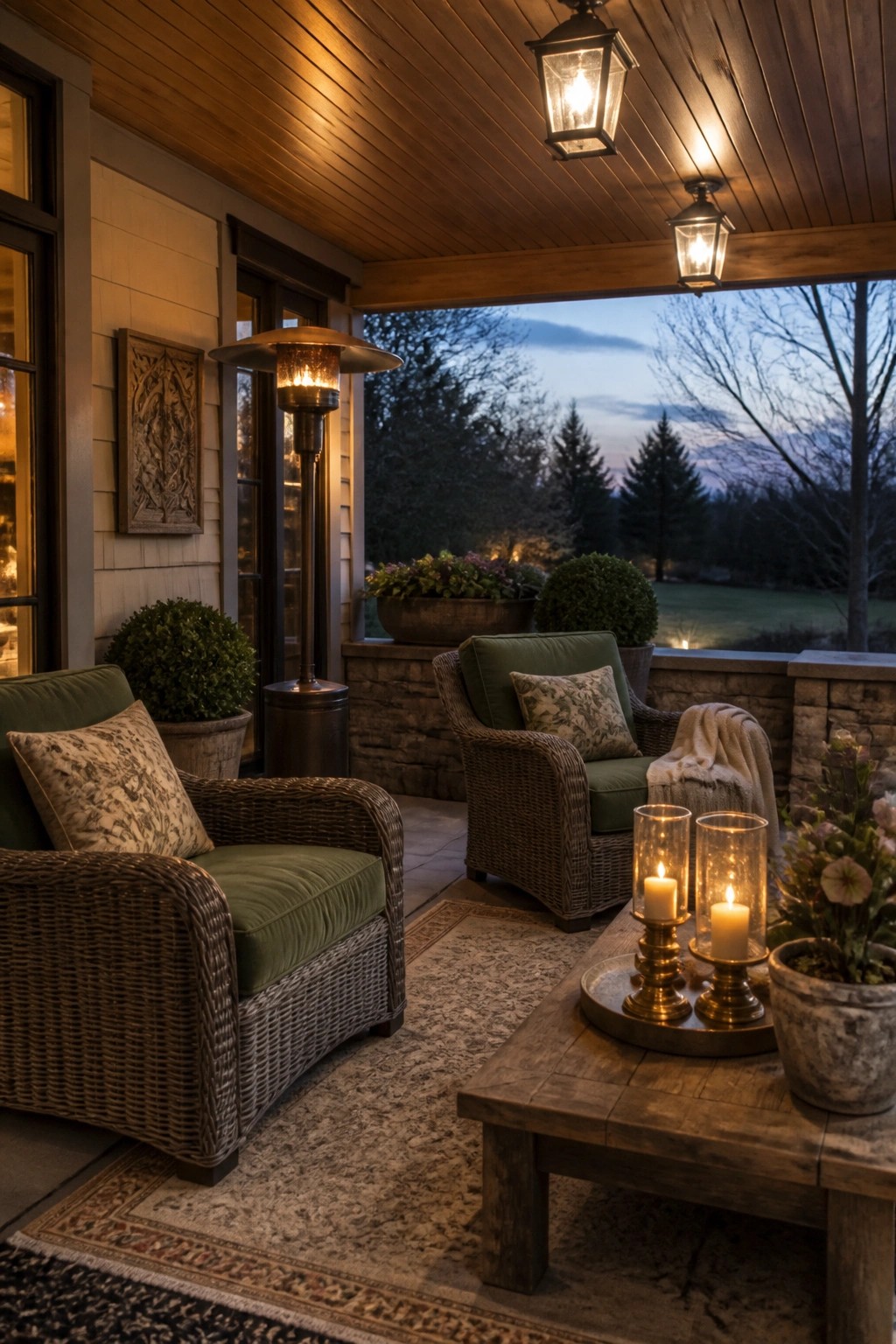 A covered patio at dusk with a wooden plank ceiling, two green cushioned wicker chairs, a wooden coffee table holding lit candles, and an outdoor heater beside a view of trees and lawn.
