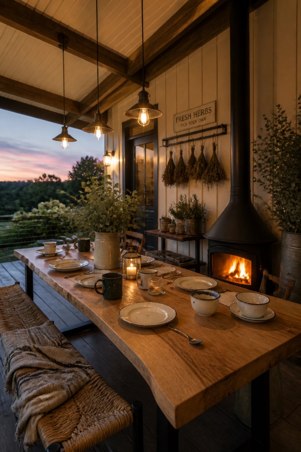 A covered patio with a wood plank ceiling and exposed beams, a long wooden dining table set with plates and mugs, hanging pendant lights, and a fireplace.