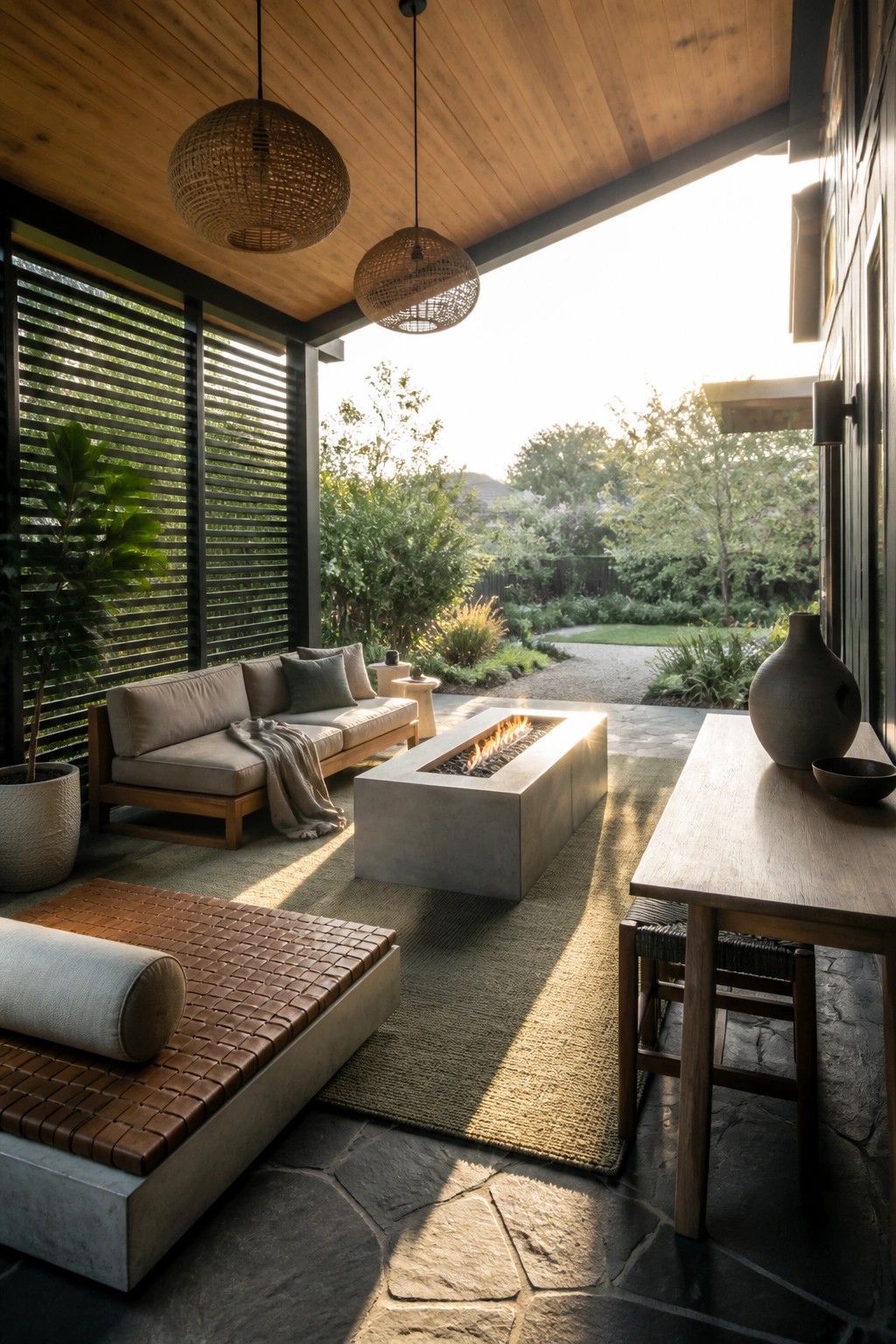 A covered patio with a wooden ceiling, concrete fire pit, outdoor sofa, woven pendant lights, and a wooden dining table on a stone floor.