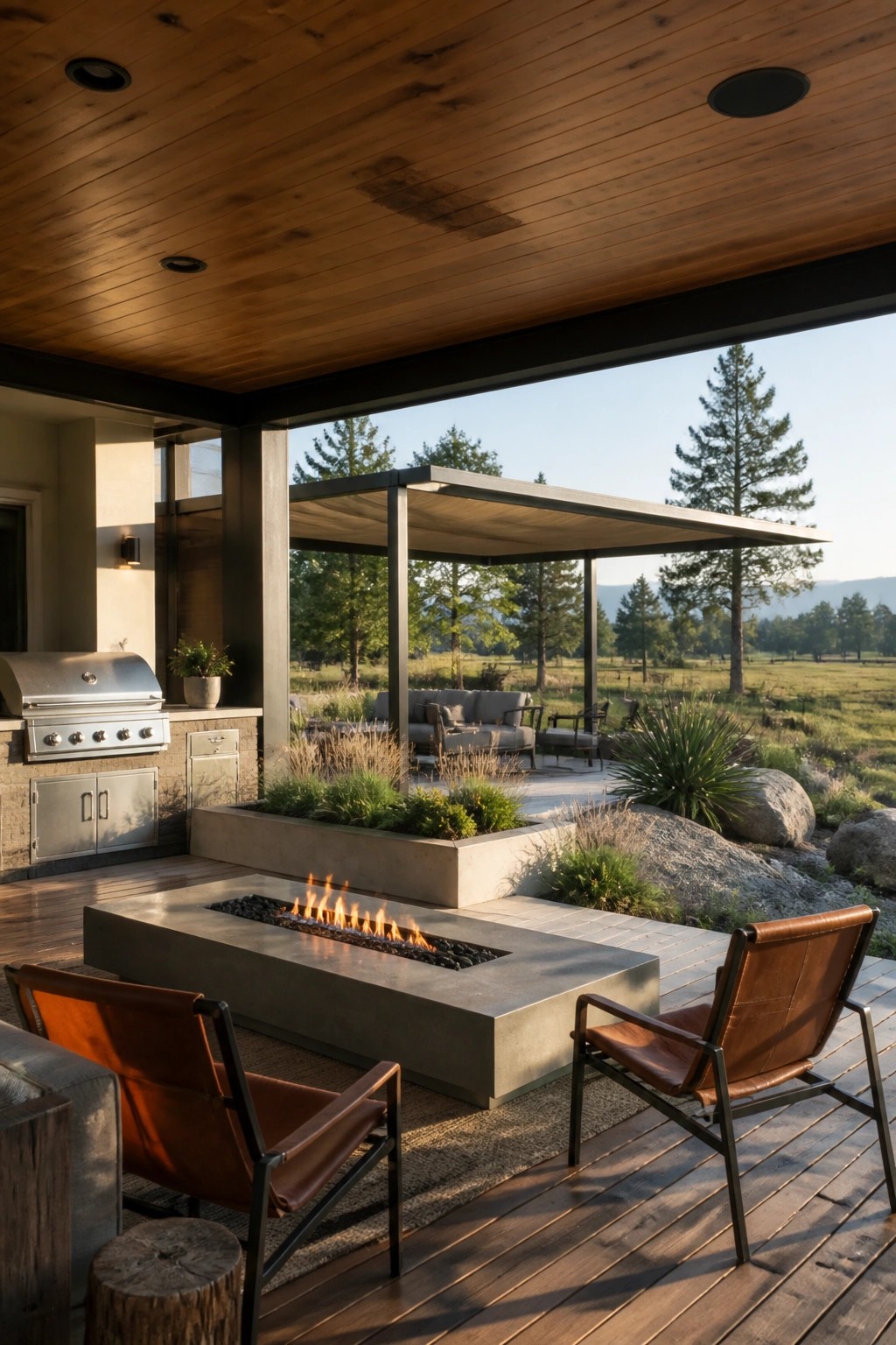 A covered patio with a wooden ceiling, concrete fire pit, leather chairs, outdoor kitchen, and views to trees and fields.