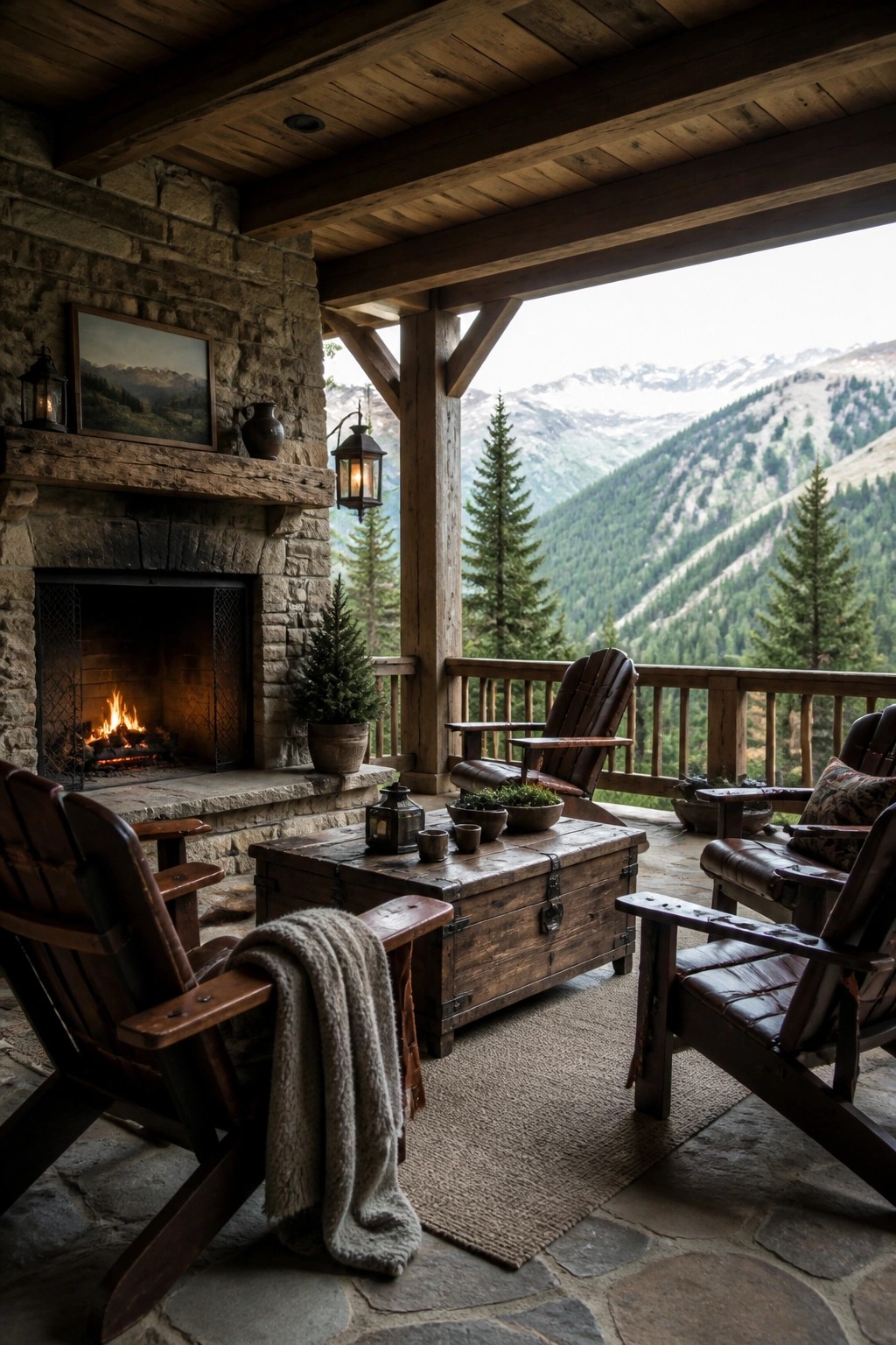 A covered patio with a wooden ceiling, stone fireplace, leather Adirondack chairs, and a mountain view.