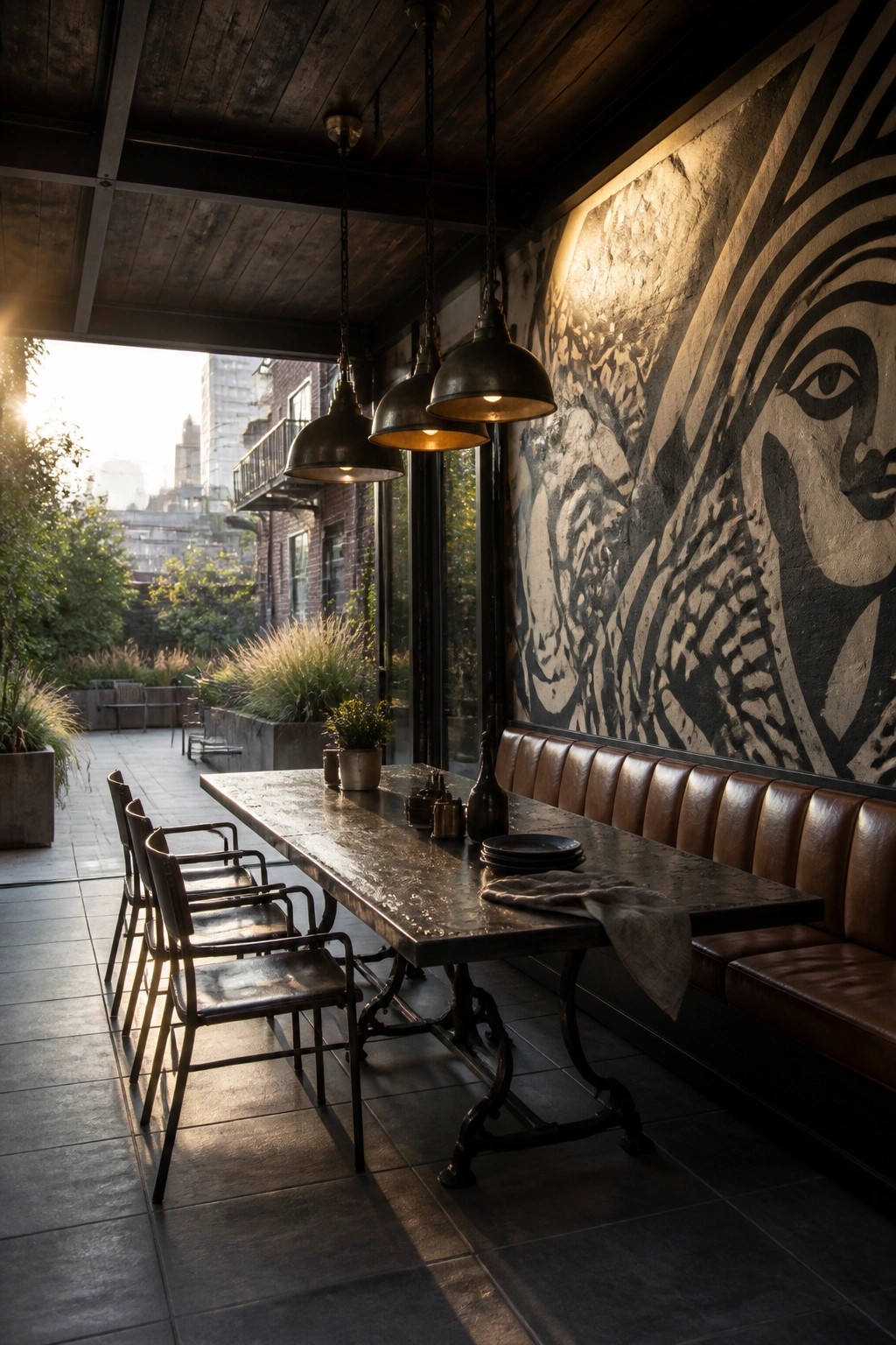 A covered outdoor patio with a dark wood ceiling, long dining table, brown leather bench, metal chairs, and large mural on the back wall.