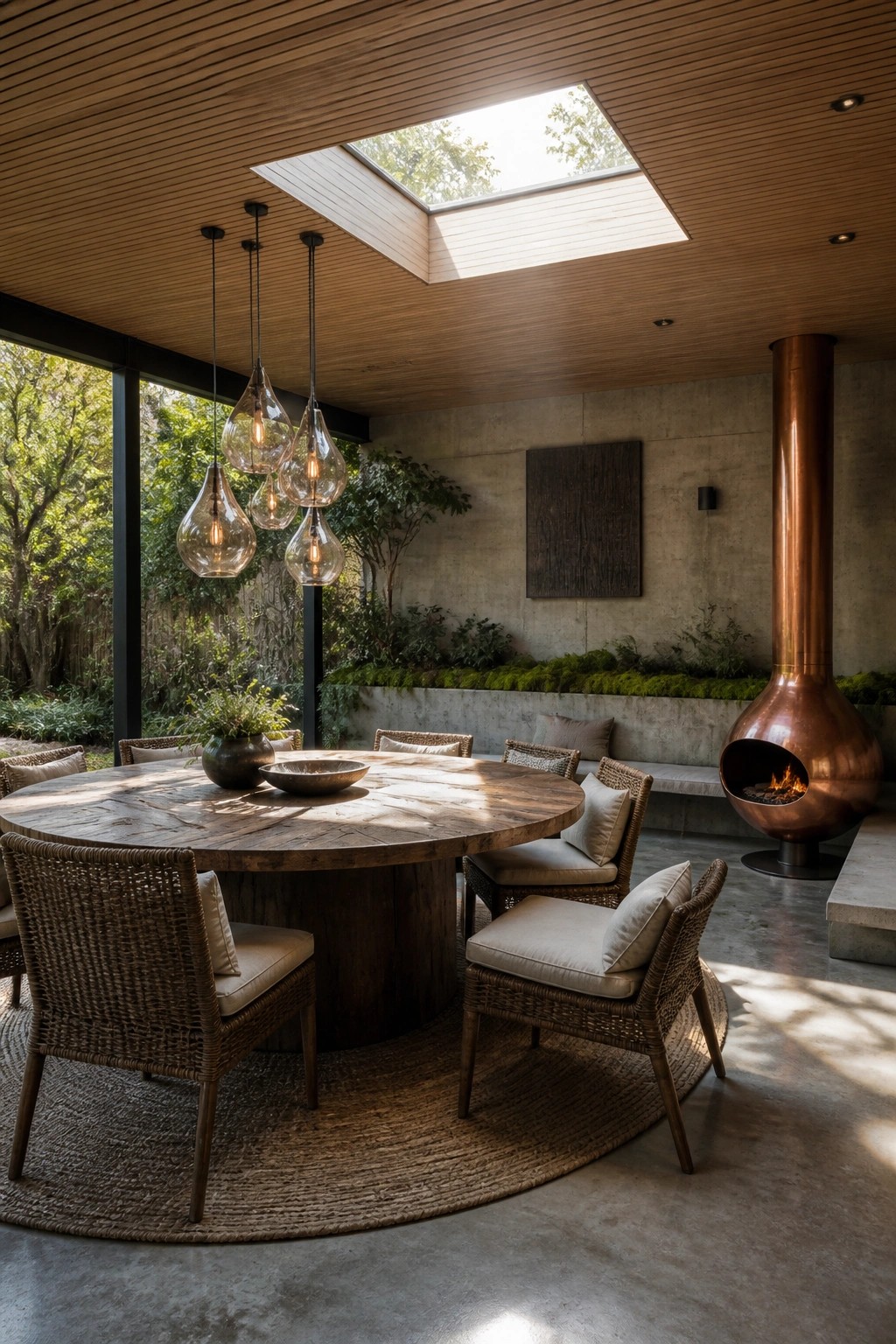 A covered patio features a wooden plank ceiling with a large skylight, a round wooden dining table, woven chairs on a round rug, built-in concrete seating, and a copper fireplace.