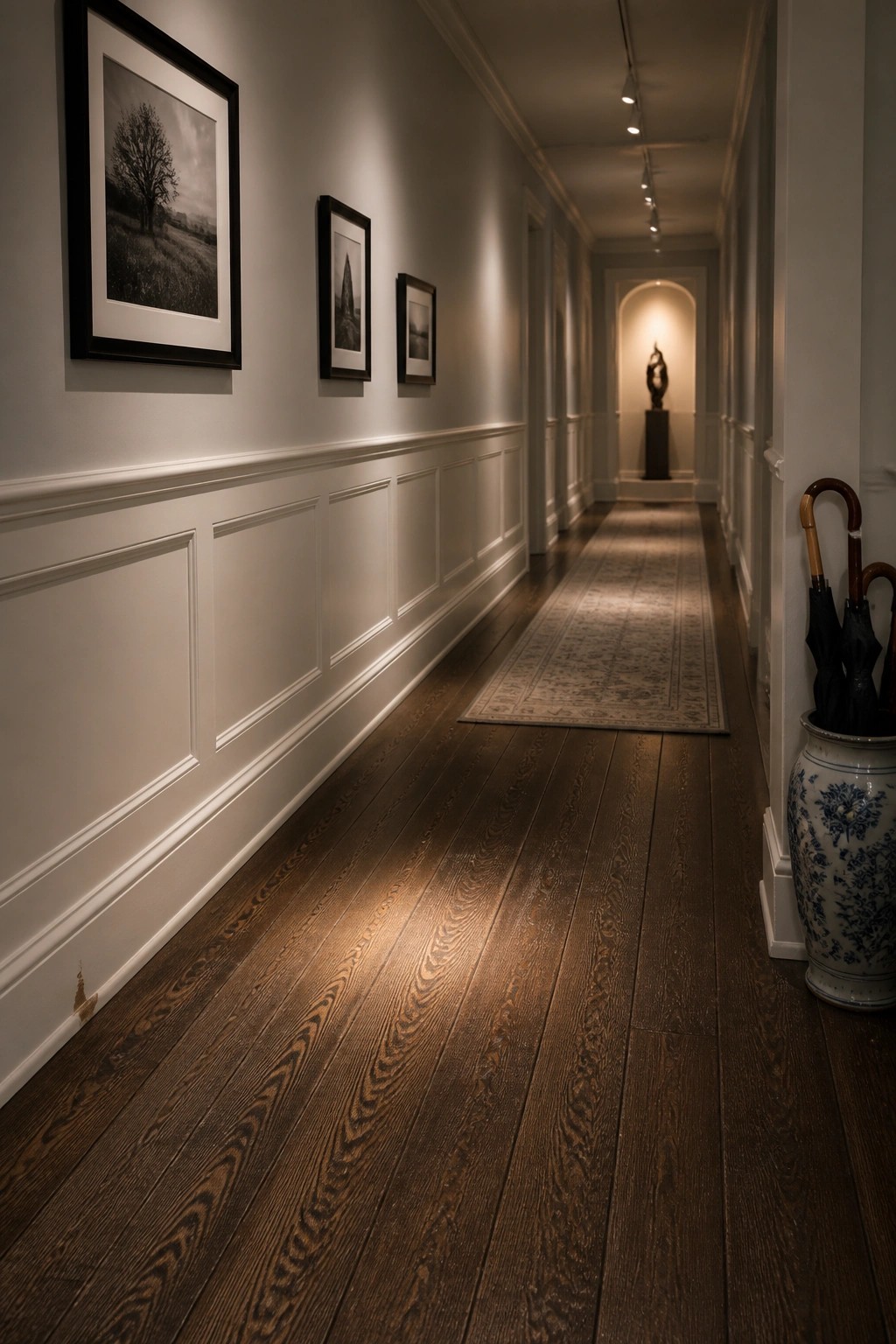A long narrow interior hallway with dark wood flooring showing natural grain, white wainscoted walls with three framed black and white photographs, a light patterned runner rug, and a blue and white ceramic umbrella stand on the right.