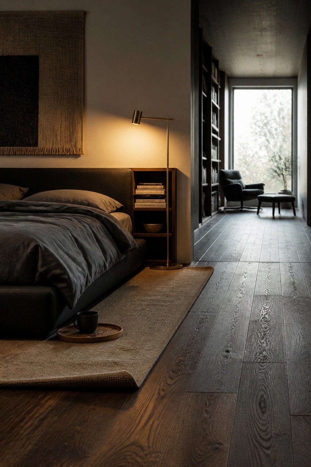 A minimalist bedroom with dark wood flooring showing prominent grain, a large bed with gray bedding, a beige rug, a brass floor lamp, and a built-in bookshelf in the background.