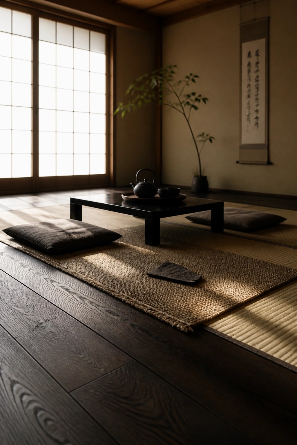 A minimalist Japanese-style interior with dark wood plank flooring next to tatami mats, a low black table, cushions, and shoji screens.