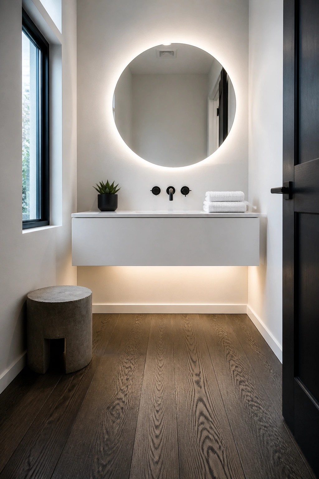 A minimalist bathroom with dark wood flooring, a floating white vanity, round backlit mirror, and concrete stool beside a window.
