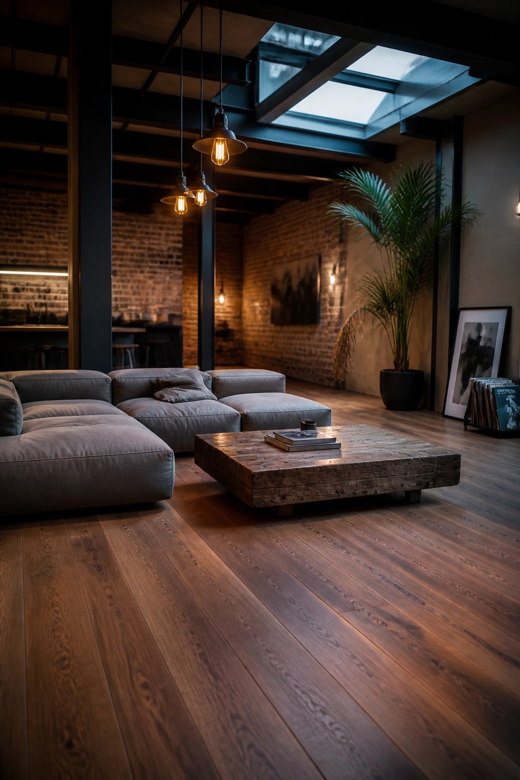 A modern living room with large gray sectional sofa, rustic wood coffee table, and dark wood plank flooring under industrial pendant lights.
