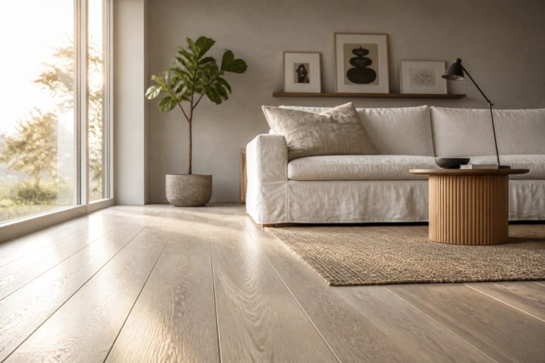 23 Minimalist Wood Flooring Ideas Built Around Clean Lines and Natural Grain A bright living room interior with light wood plank flooring, a white sofa, beige rug, round side table, black floor lamp, and large potted plant near a window.