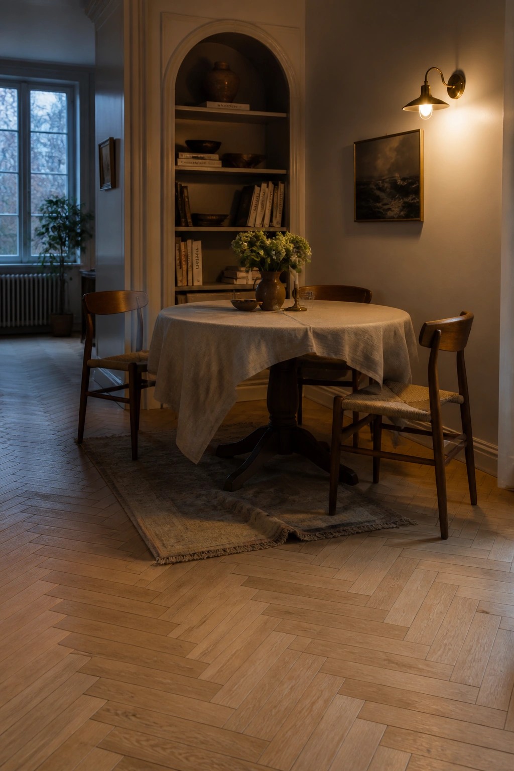 A light wood herringbone floor under a round dining table with a linen cloth, two wooden chairs, and a built-in arched bookshelf in the background.